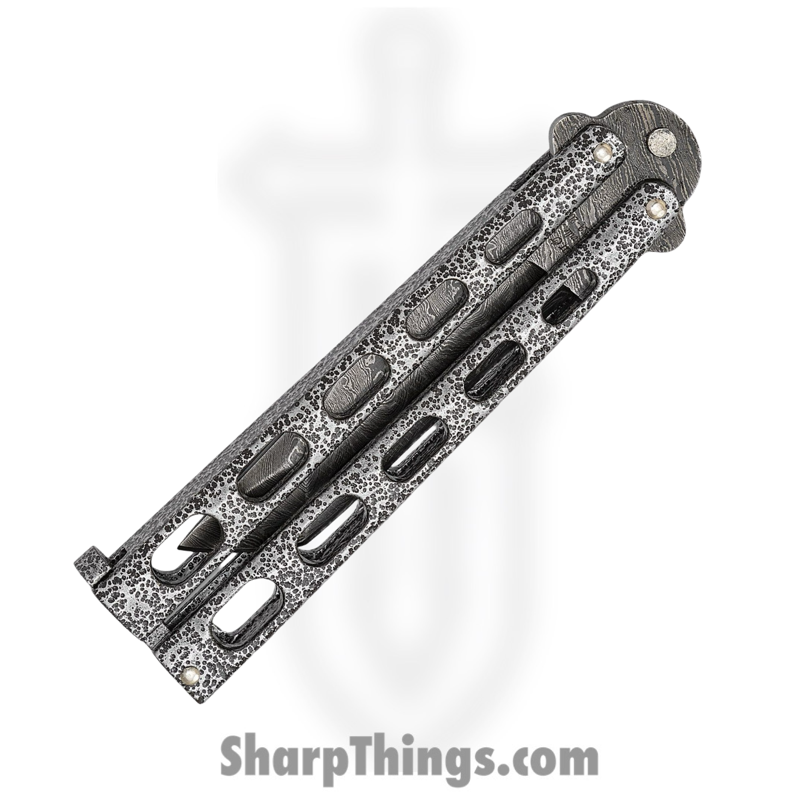 Bear & Son - BC114AD - Butterfly Silver Vein - Balisong - Damascus Damascus Tanto - Powder Coated Zinc - Silver Black - Image 9