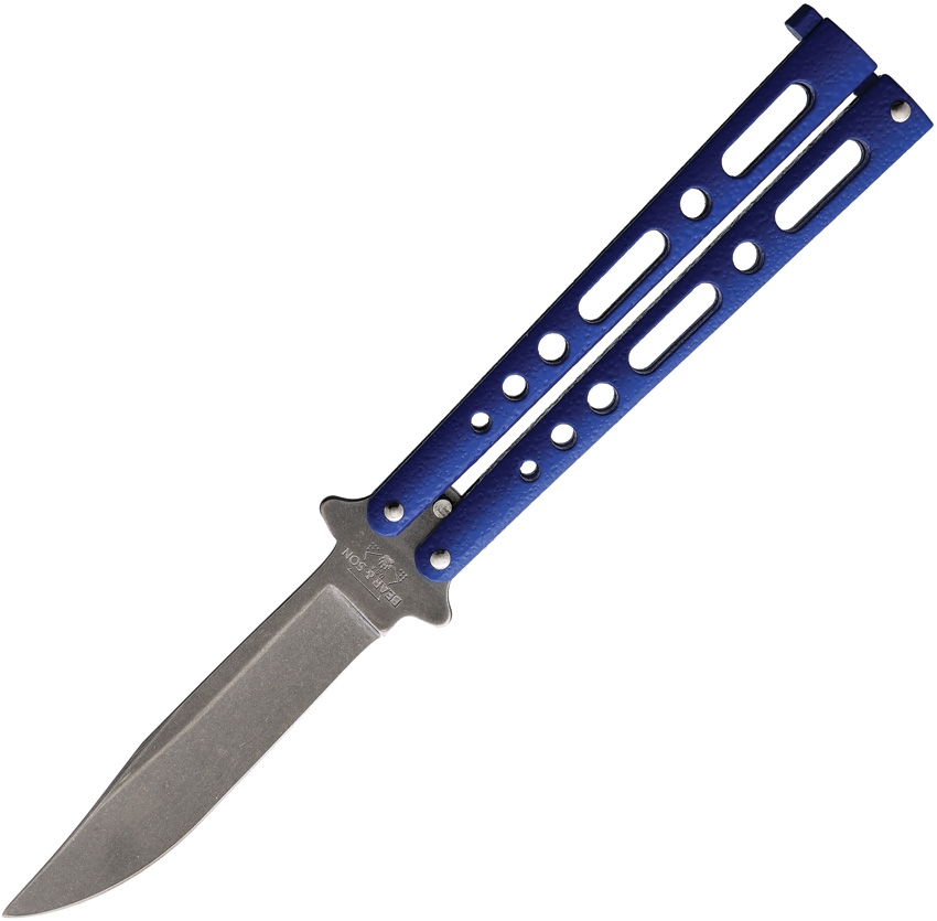 Bear & Son - BC117BLSW - Butterfly - Balisong - 440 SS Stonewash Clip Point - Powder Coated Zinc - Blue - Image 4