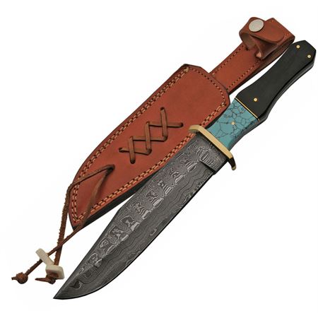 Damascus - DM1149 - Bowie - Fixed Blade Knife - Damascus Clip Point - Buffalo Horn Turquoise - Black Blue - Image 10