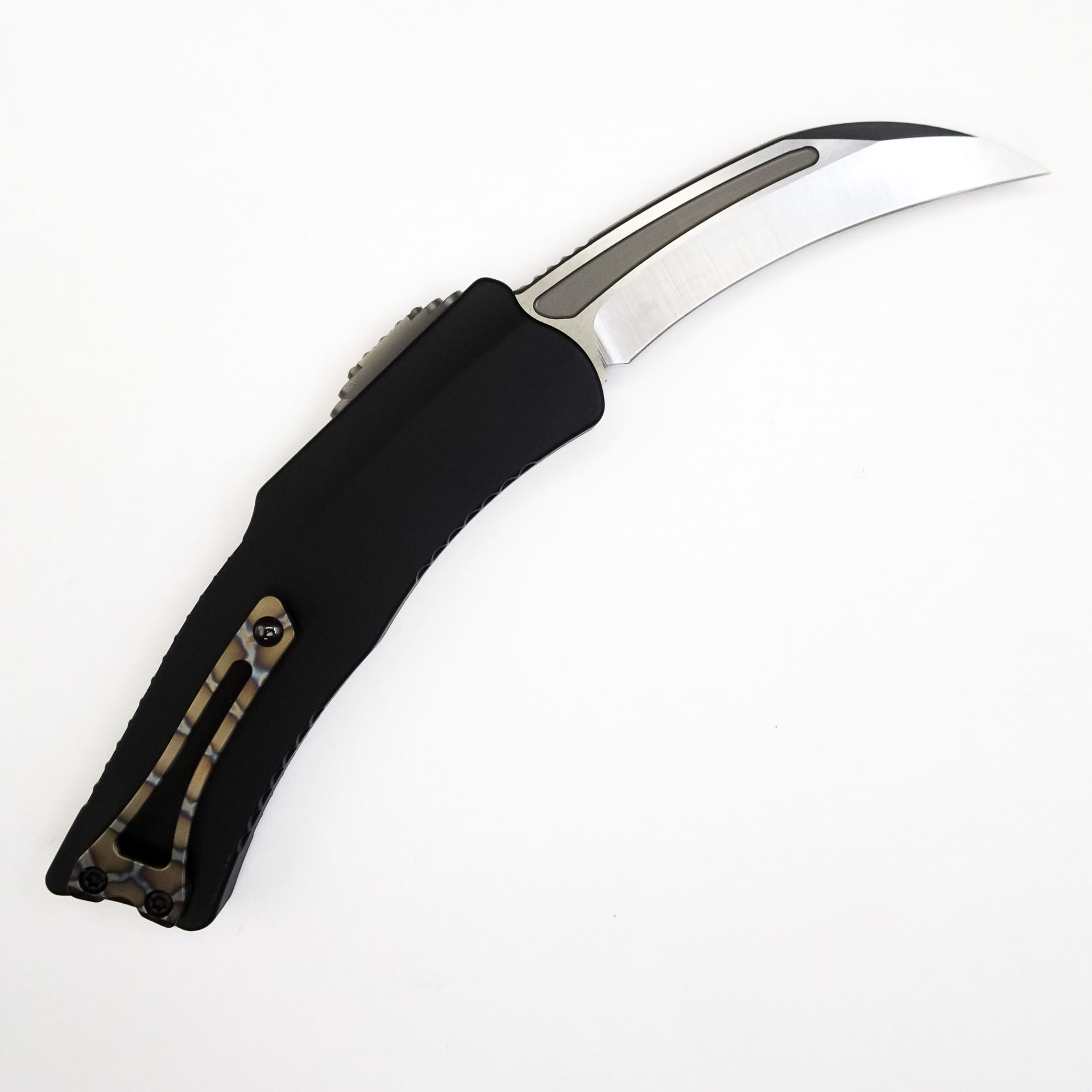 Heretic Knives - Roc Proto - Roc Prototype - OTF Auto - Elmax Stonewash Hawkbill - 6061-T6 Aluminum - Black - Image 9