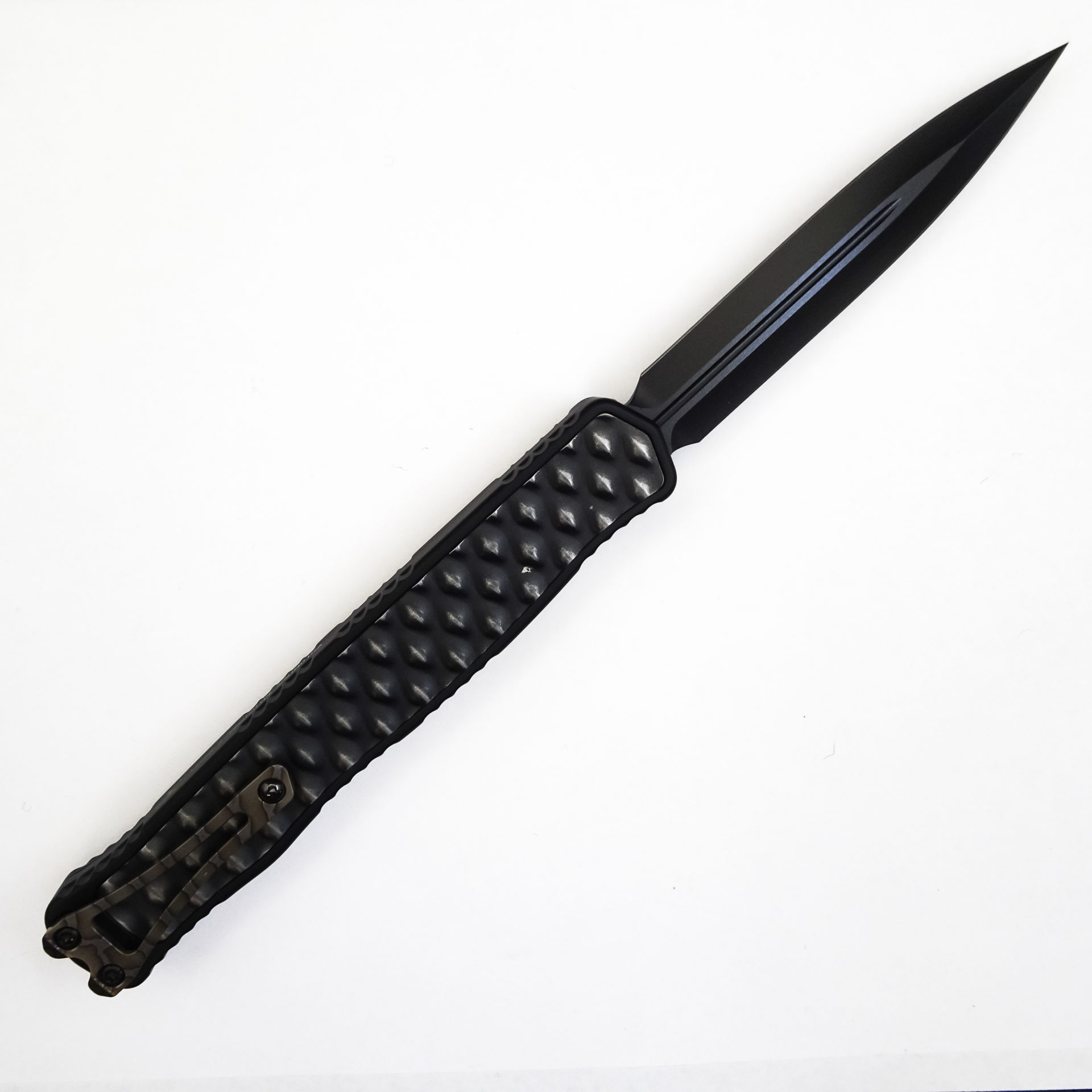 Heretic Knives - Cleric II Proto - Cleric II Prototype - OTF Auto - Elmax Coated Dagger - Aluminum/Textured Metal Inlay - Black - Image 12