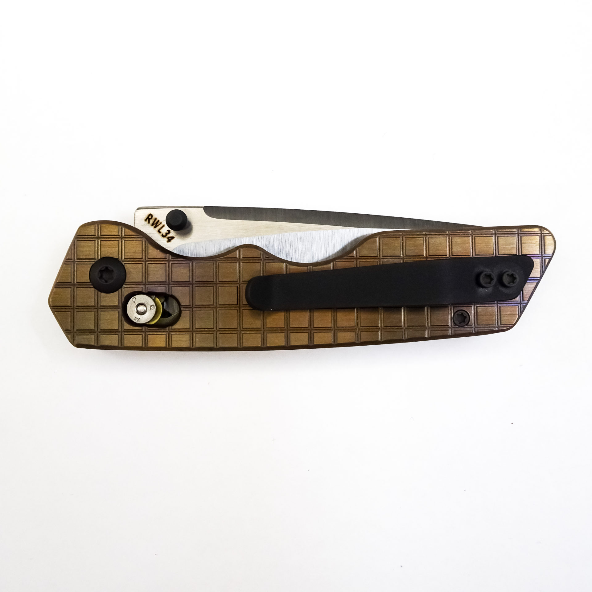 Attention 2 Detail Mercantile - A2DBLmBrzFrg - Bar Lock Medium - Folding Knife - RWL34 Steel Satin Drop Point - Frag Patterned Titanium - Bronze - Image 18