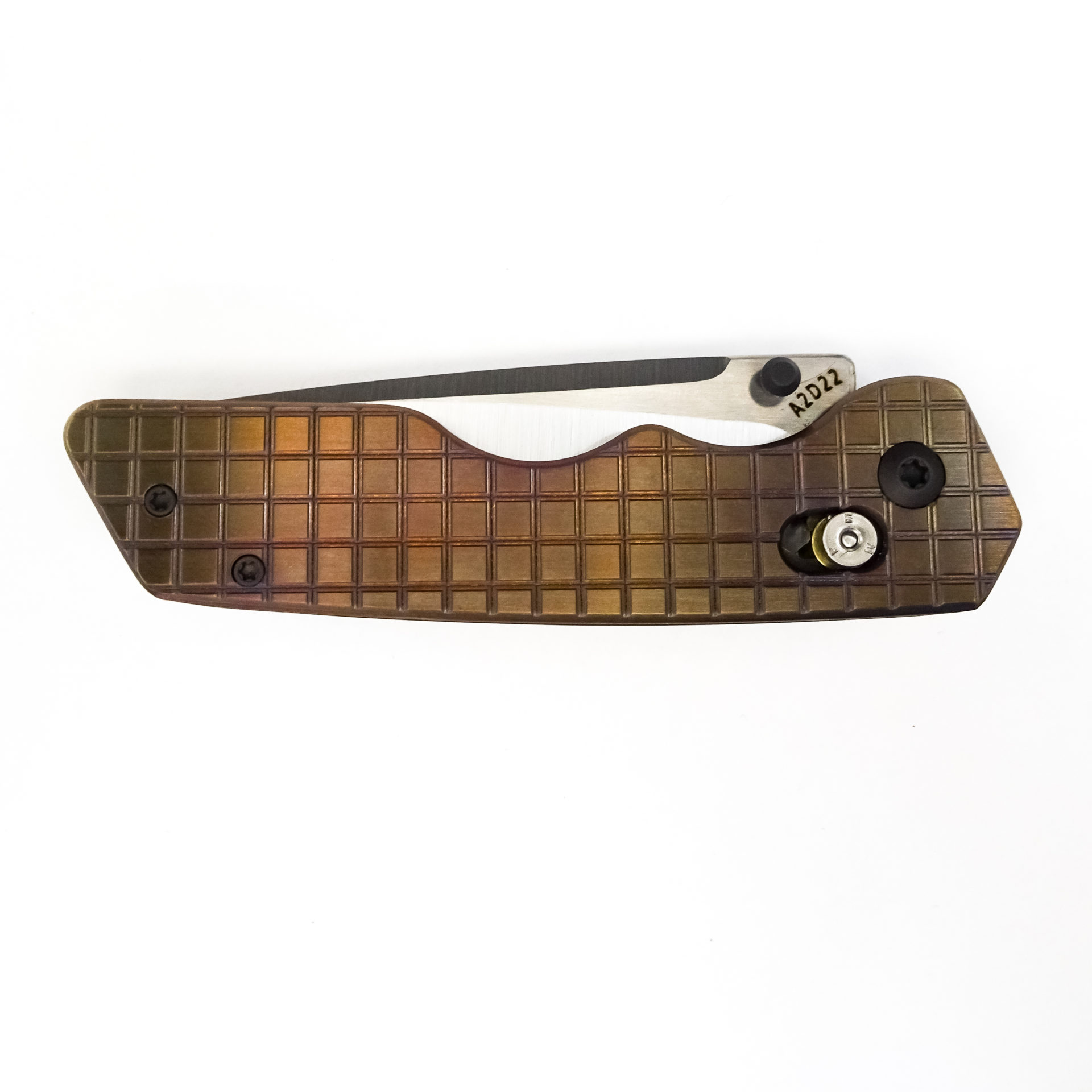 Attention 2 Detail Mercantile - A2DBLmBrzFrg - Bar Lock Medium - Folding Knife - RWL34 Steel Satin Drop Point - Frag Patterned Titanium - Bronze - Image 19
