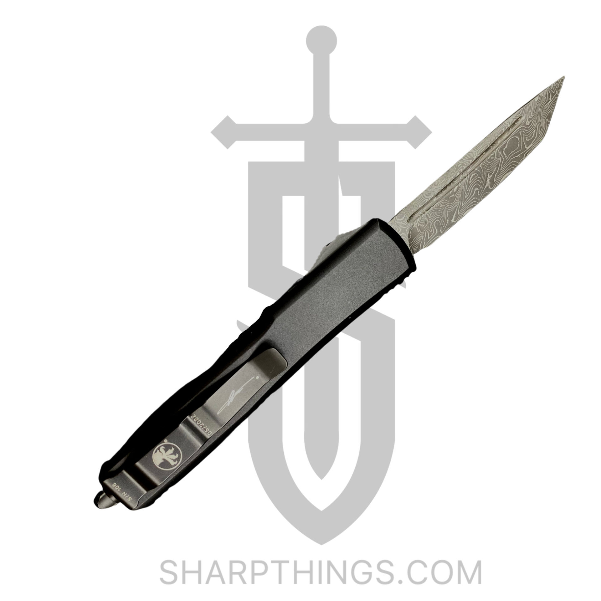 Microtech - 123-16CFS - Ultratech Signature Series - OTF Auto - Damascus Damascus Tanto - Aluminum/CF - Black - Image 8