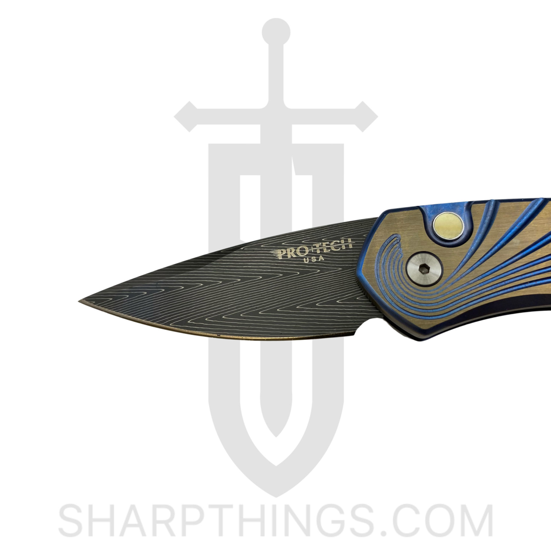ProTech - 2951-H - Sprint Titanium Custom - Automatic Knife - Damascus Acid Etch Spear Point - Titanium - Gold/Blue - Image 9