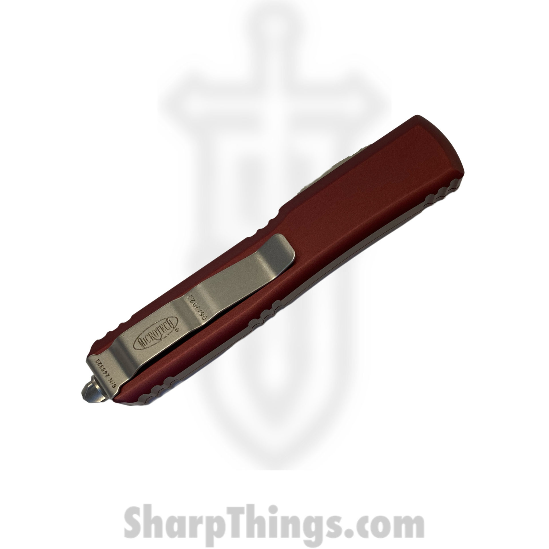 Microtech - 122-4MR - Ultratech - OTF Auto - Elmax, M390, 204P Satin Dagger - 6061-T6 Aluminum - Merlot - Image 6