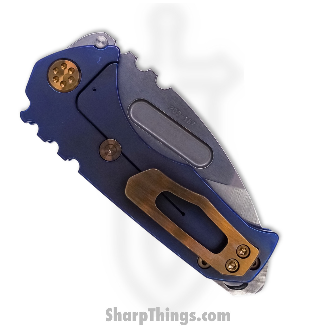 Medford Knife - MK029STD-37A2-T1C1-BN - Praetorian Genesis "T" Drop Point Folder - Tumbled S35VN - Blue with Bronze H/W - Image 6