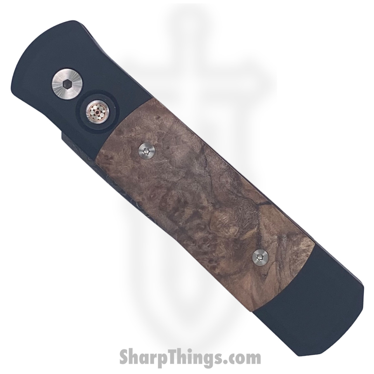 ProTech - 706-DAM-Ladder - Godson Custom - Automatic Knife - Damascus Damascus Spear Point - Aluminum/Maple Burl - Black/Brown - Image 10