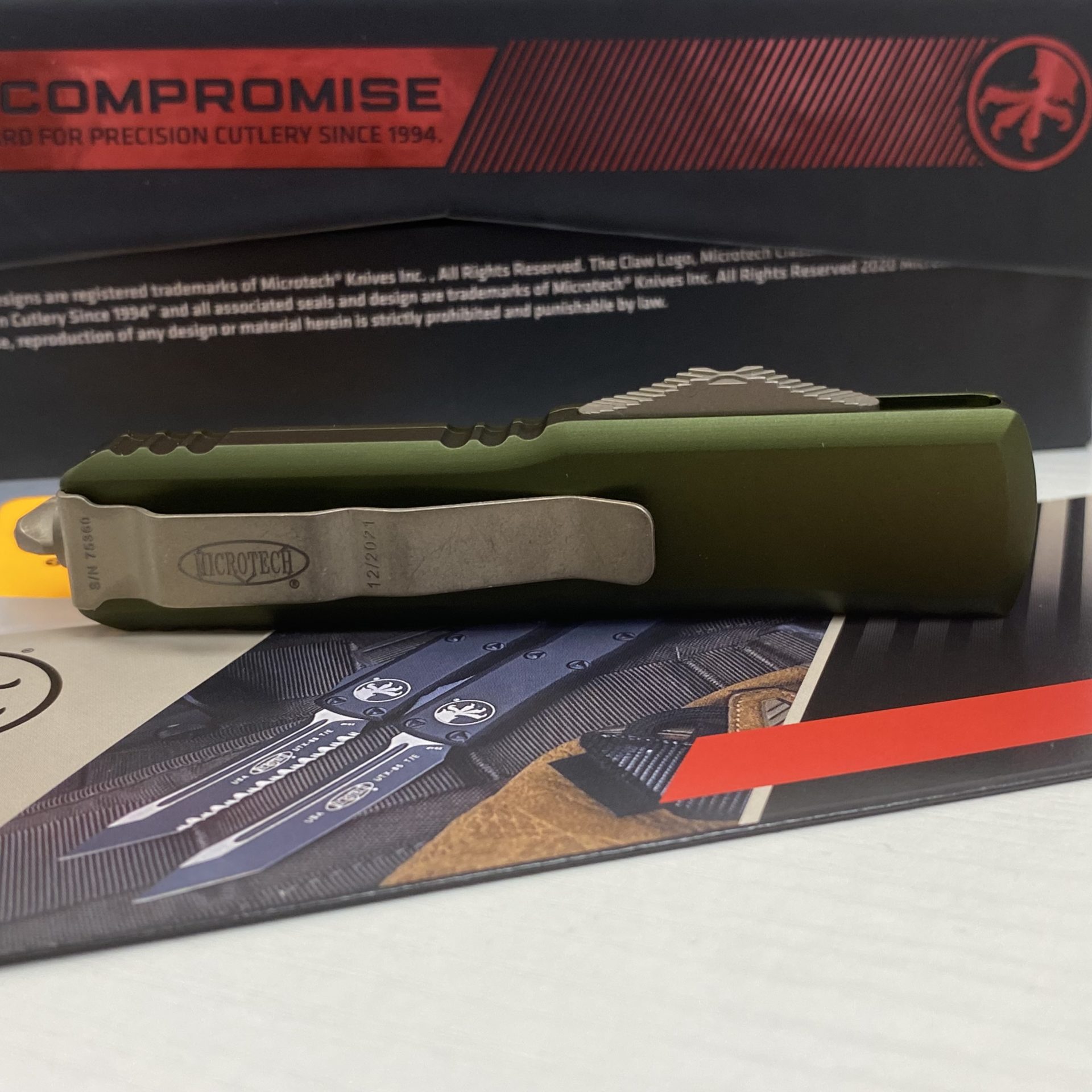 Microtech - 232-13APOD - UTX-85 - OTF Auto - Elmax, M390, 204P Bronze Apocalyptic Dagger - 6061-T6 Aluminum - OD Green - Image 8