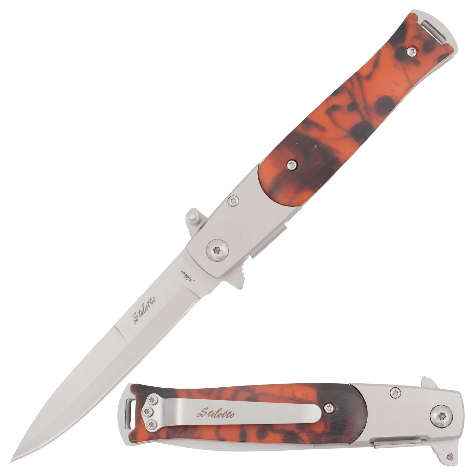 Tiger USA - P-109-PE-F - Godfather Stiletto - Assisted Open Knife - 1045 Surgical Steel - Resin - Brown Pearl - Image 4