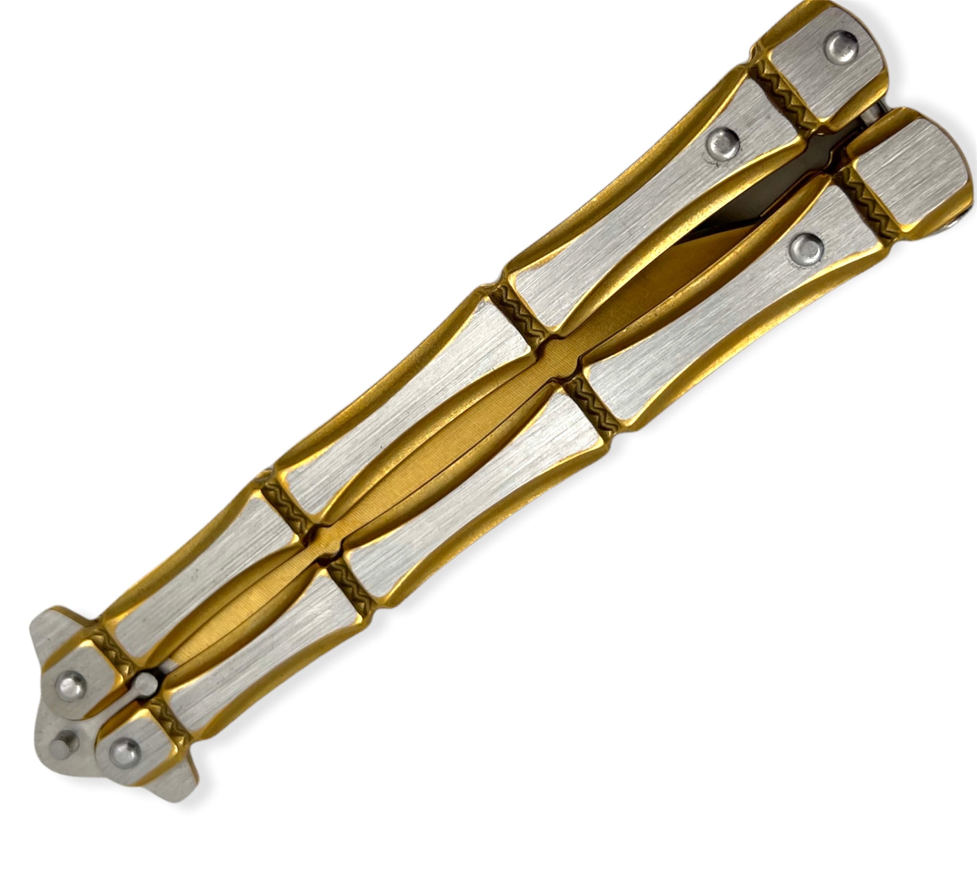 VOC - BF-201-3 - "Bones" Butterfly - Balisong - 1065 SS Two Tone Clip Point - 1065 SS - Gold/Chrome - Image 5