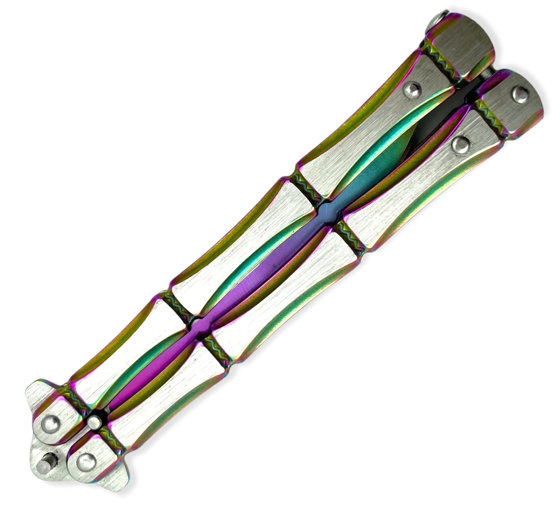 VOC - BF-201-2 - "Bones" Butterfly - Balisong - 1065 SS Two Tone Clip Point - 1065 SS - Rainbow/Chrome - Image 4