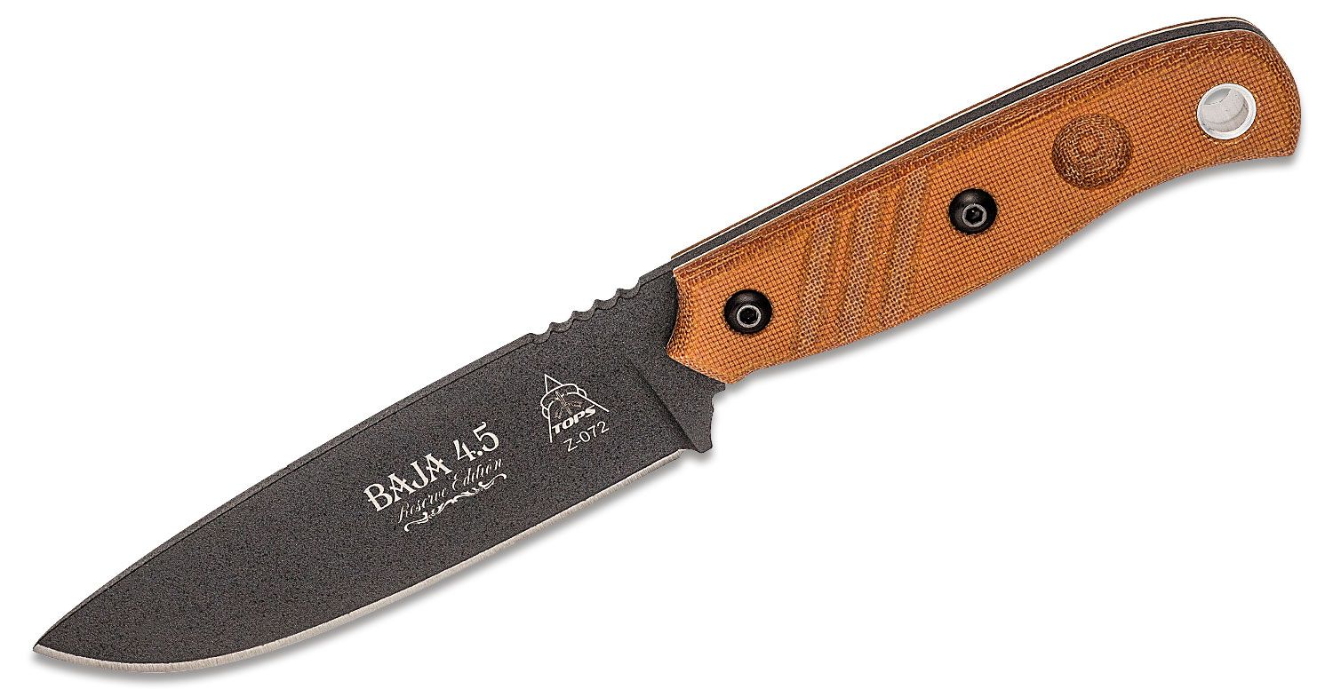 Tops - TPBAJA45R - Baja 4.5 Reserve Edition - Fixed Blade Knife - 1095 HC Coated Drop Point - Micarta - Tan - Image 13