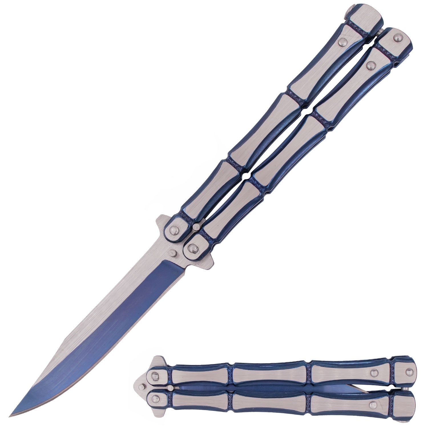 VOC - BF-201-4 - "Bones" Butterfly - Balisong - 1065 SS Two Tone Clip Point - 1065 SS - Blue/Chrome - Image 6