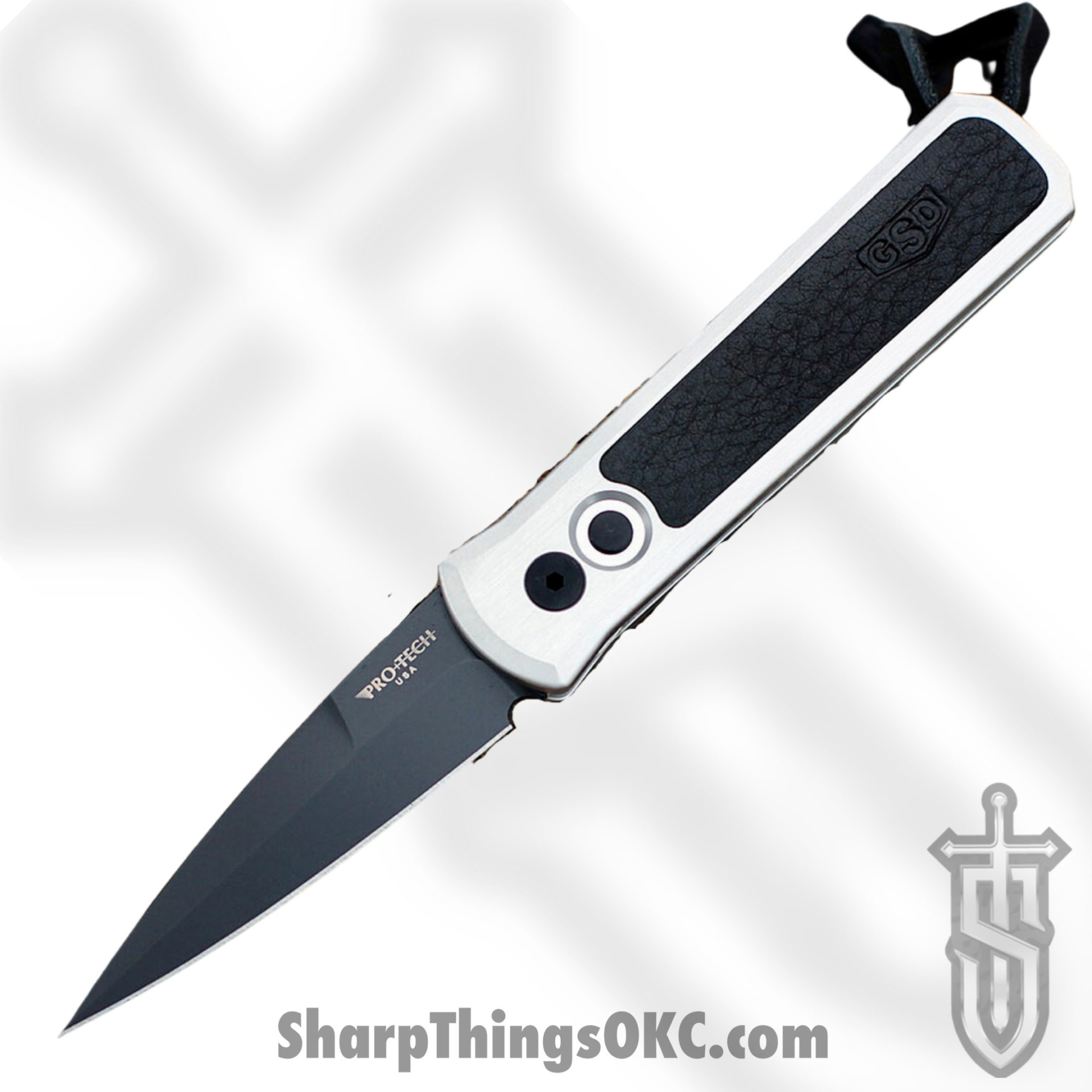 ProTech - 7GSD-2 - Godson - Automatic Knife - 154CM Black Spear Point - 6061-T6 Aluminum Leather Inlay - Silver Black - Image 6
