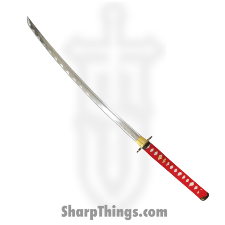 PTC – PS-H16-D – Battle Ready Katana with Stand – Fixed Blade Knife – Carbon Steel Polished Sword – Wrapped – Red