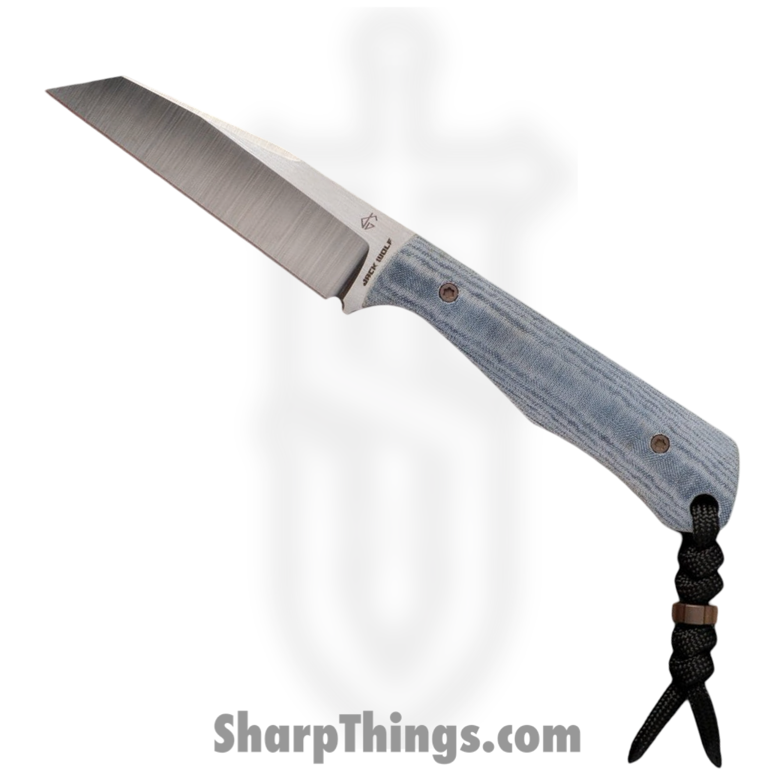 Jack Wolf Knives - COLLU-01-BLU-MIC - Collusion - Fixed Blade Knife - S90V Satin Reverse Tanto - Linen Micarta - Blue