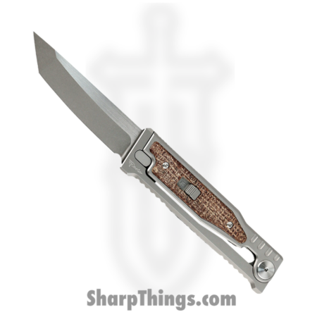 Reate Knives – EXO31133VMI – Mini EXO – Gravity Knife – CPM 3V Stonewash Tanto – Titanium Burlap Micarta Inlay – Brown