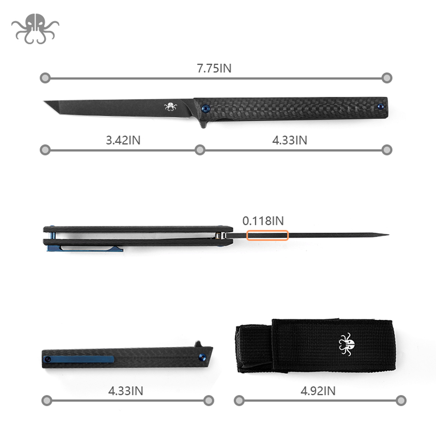 Klaken Knives - B13-CFTN-BK - Regent - Folding Knife - D2 Coated Tanto - Carbon Fiber - Black - Image 2