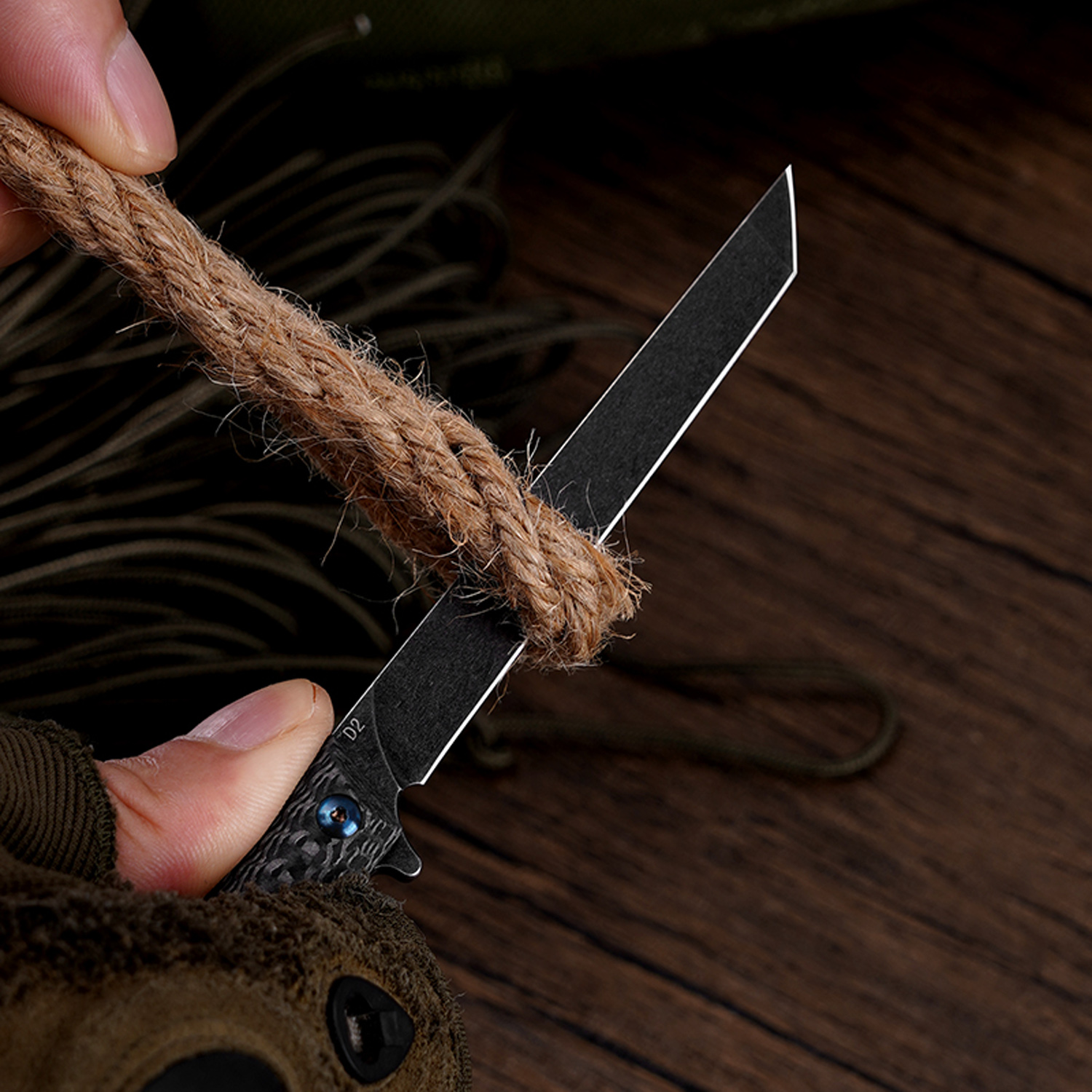 Klaken Knives - B13-CFTN-BK - Regent - Folding Knife - D2 Coated Tanto - Carbon Fiber - Black - Image 7