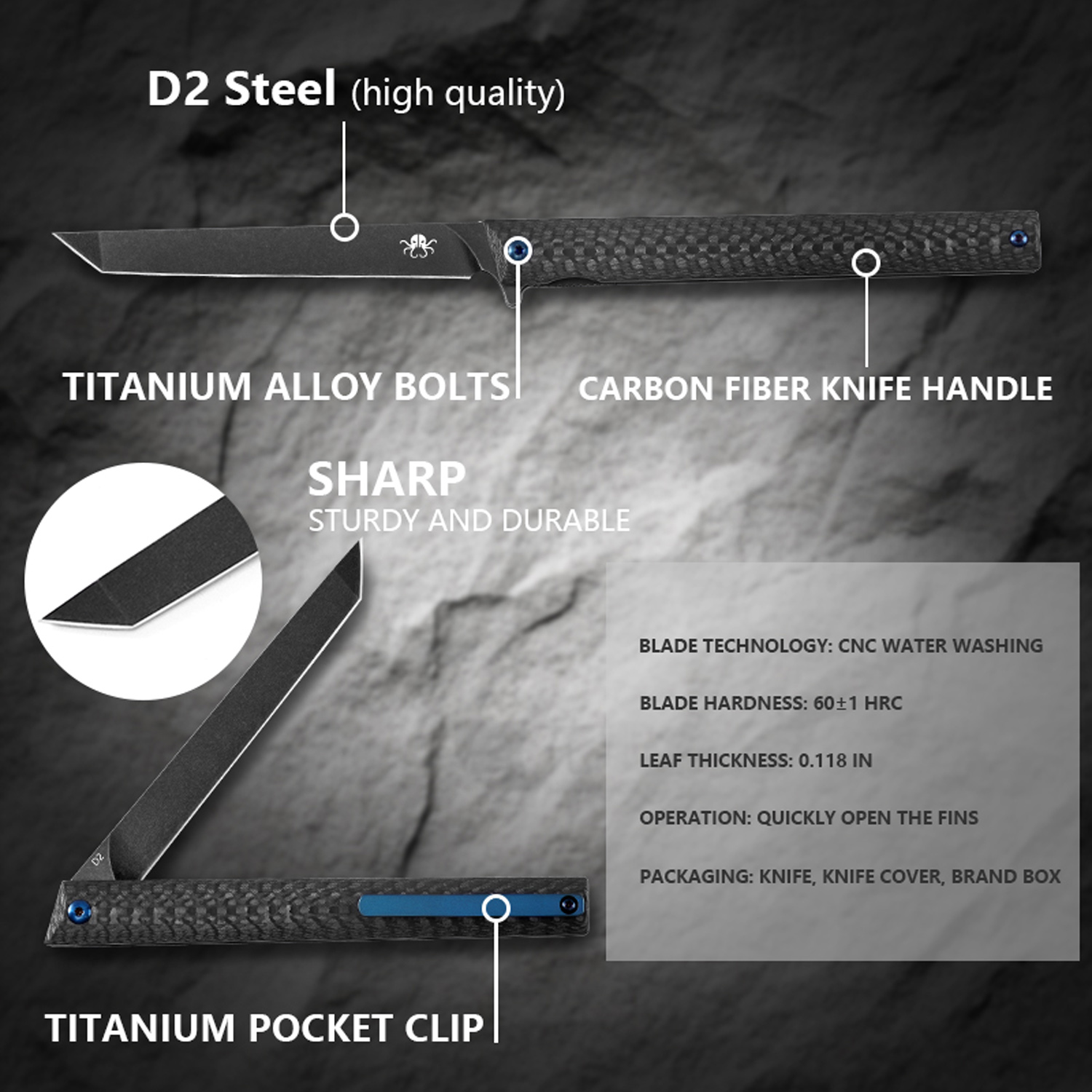 Klaken Knives - B13-CFTN-BK - Regent - Folding Knife - D2 Coated Tanto - Carbon Fiber - Black - Image 4
