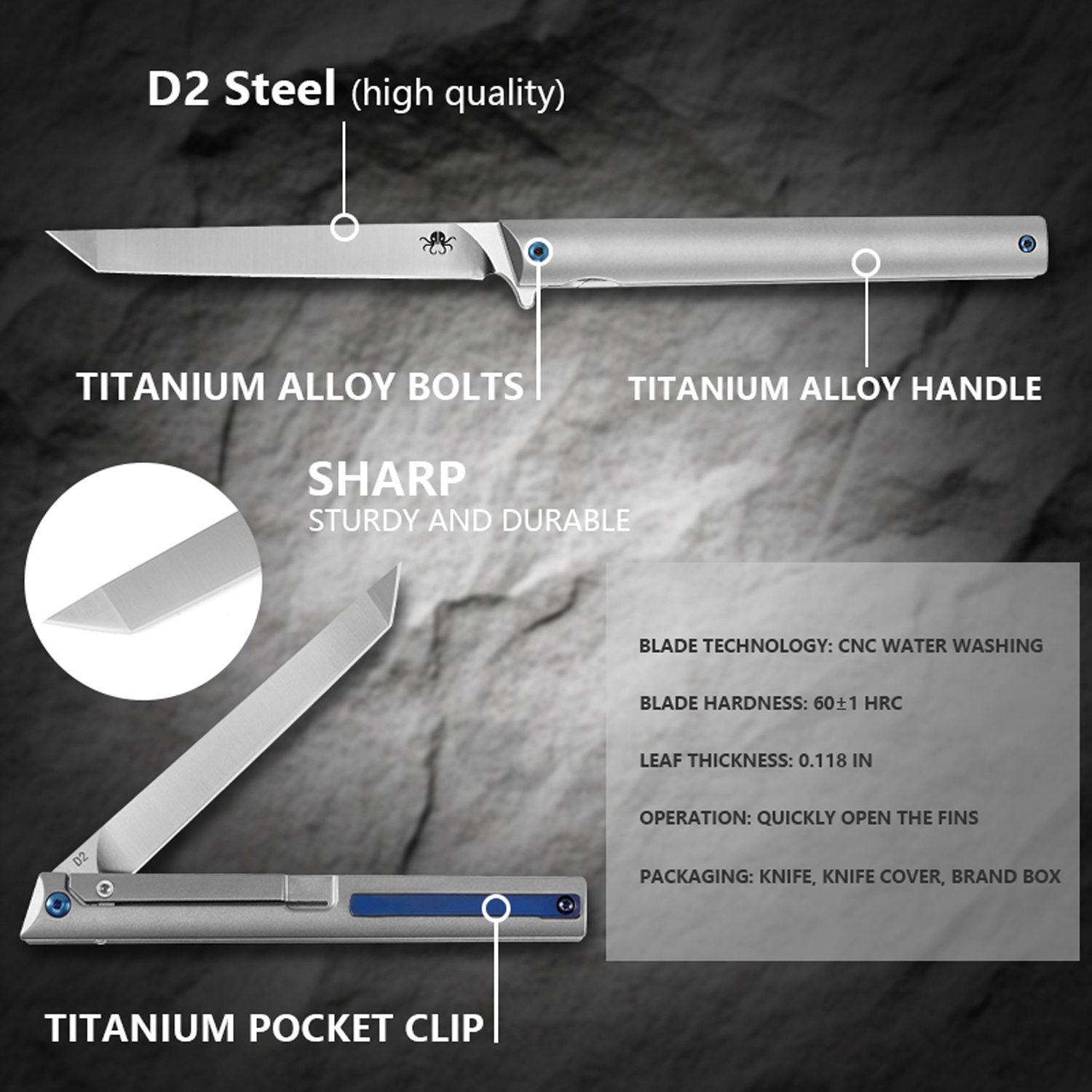 Klaken Knives - B13-TITN-SA - Regent - Folding Knife - D2 Satin Tanto - Titanium - Natural - Image 3