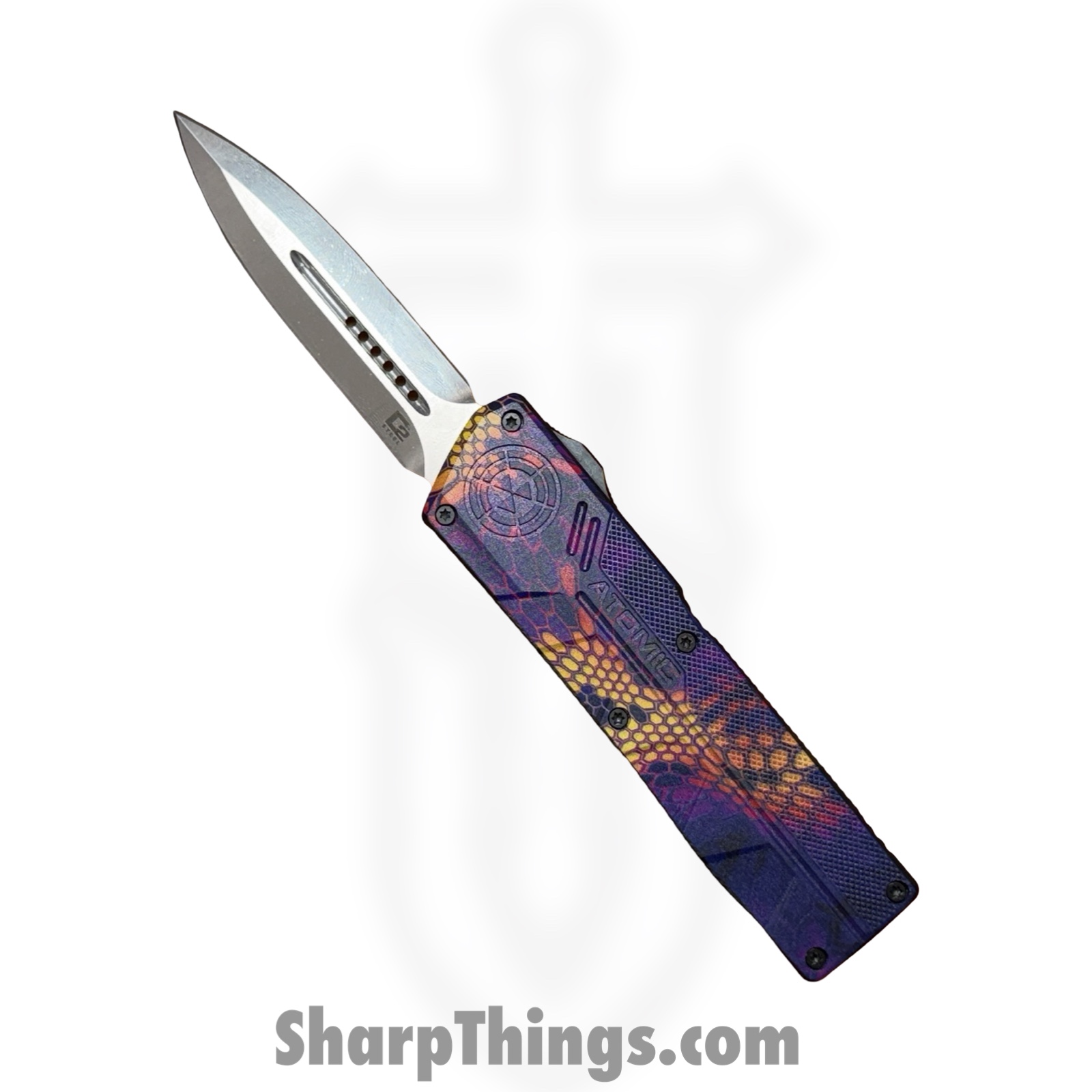 Atomic Knives - WNS-DT01SCMPDE - UltraLite ATOMIC - OTF Auto - D2 Satin Dagger - Aluminum - Snake Camo