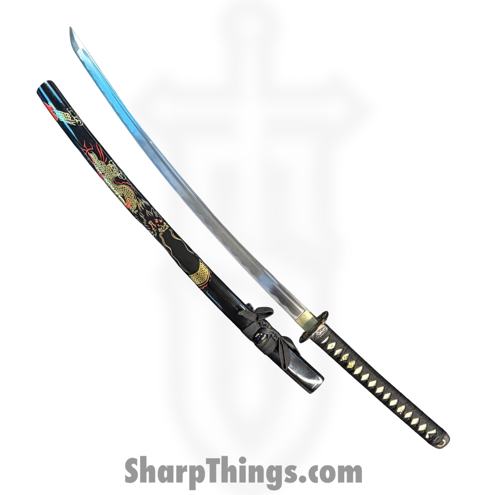 Onikiri - F-570-DG - 41in Handmade Dragon Katana - Fixed Blade Knife - 1045 HC Satin - Cord Wrapped - Black