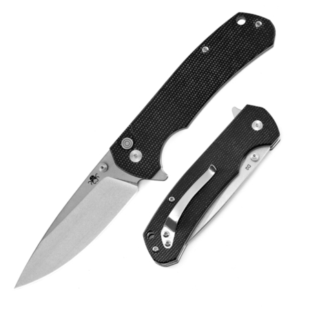 Klaken Knives – J285-BK-SW – StoneFang – Folding Knife – D2 Stonewash Drop Point – Micarta – Black