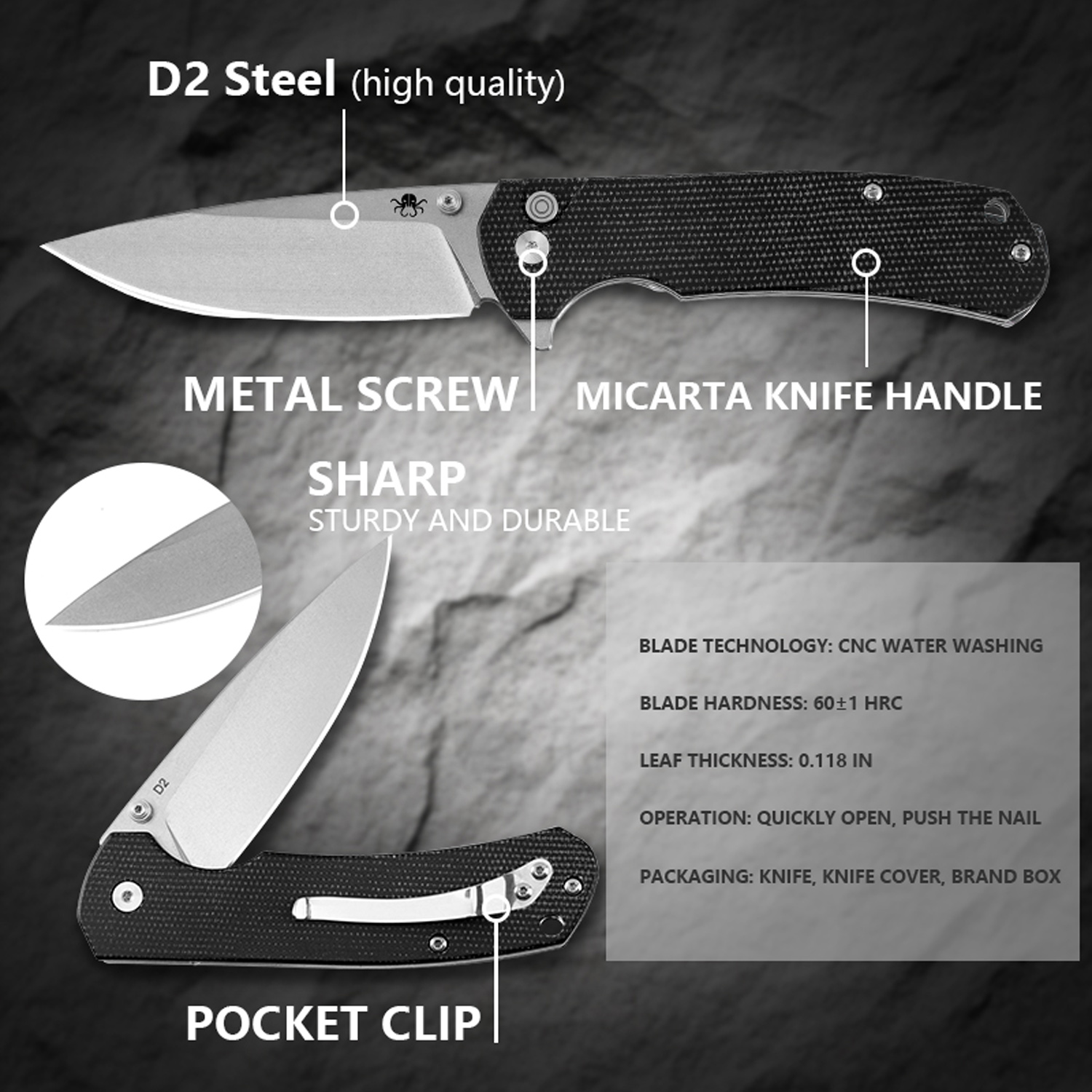 Klaken Knives - J285-BK-SW - StoneFang - Folding Knife - D2 Stonewash Drop Point - Micarta - Black - Image 3