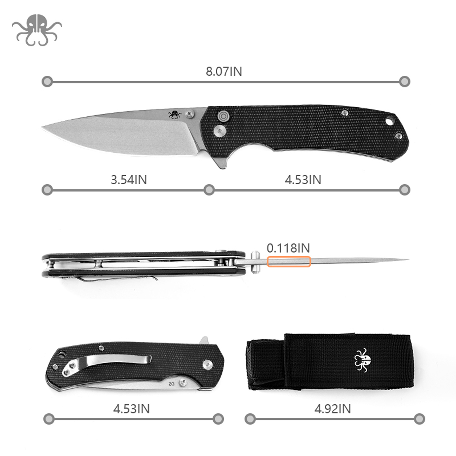 Klaken Knives - J285-BK-SW - StoneFang - Folding Knife - D2 Stonewash Drop Point - Micarta - Black - Image 2
