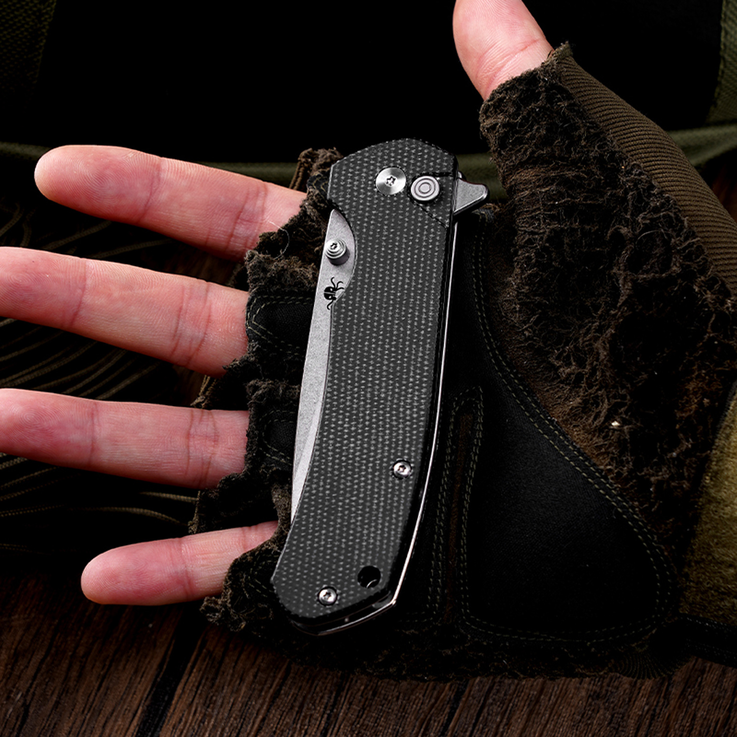 Klaken Knives - J285-BK-SW - StoneFang - Folding Knife - D2 Stonewash Drop Point - Micarta - Black - Image 9