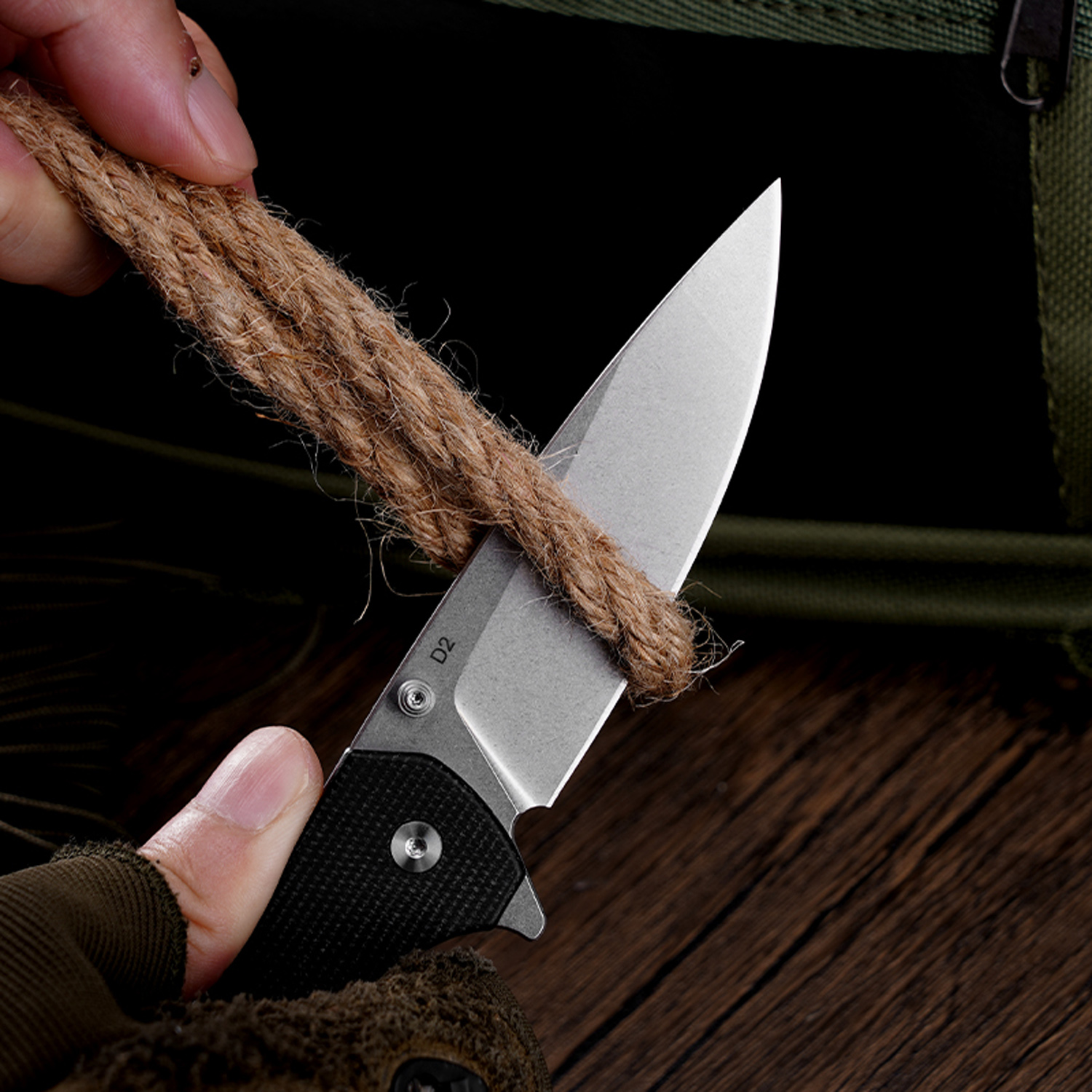 Klaken Knives - J285-BK-SW - StoneFang - Folding Knife - D2 Stonewash Drop Point - Micarta - Black - Image 7