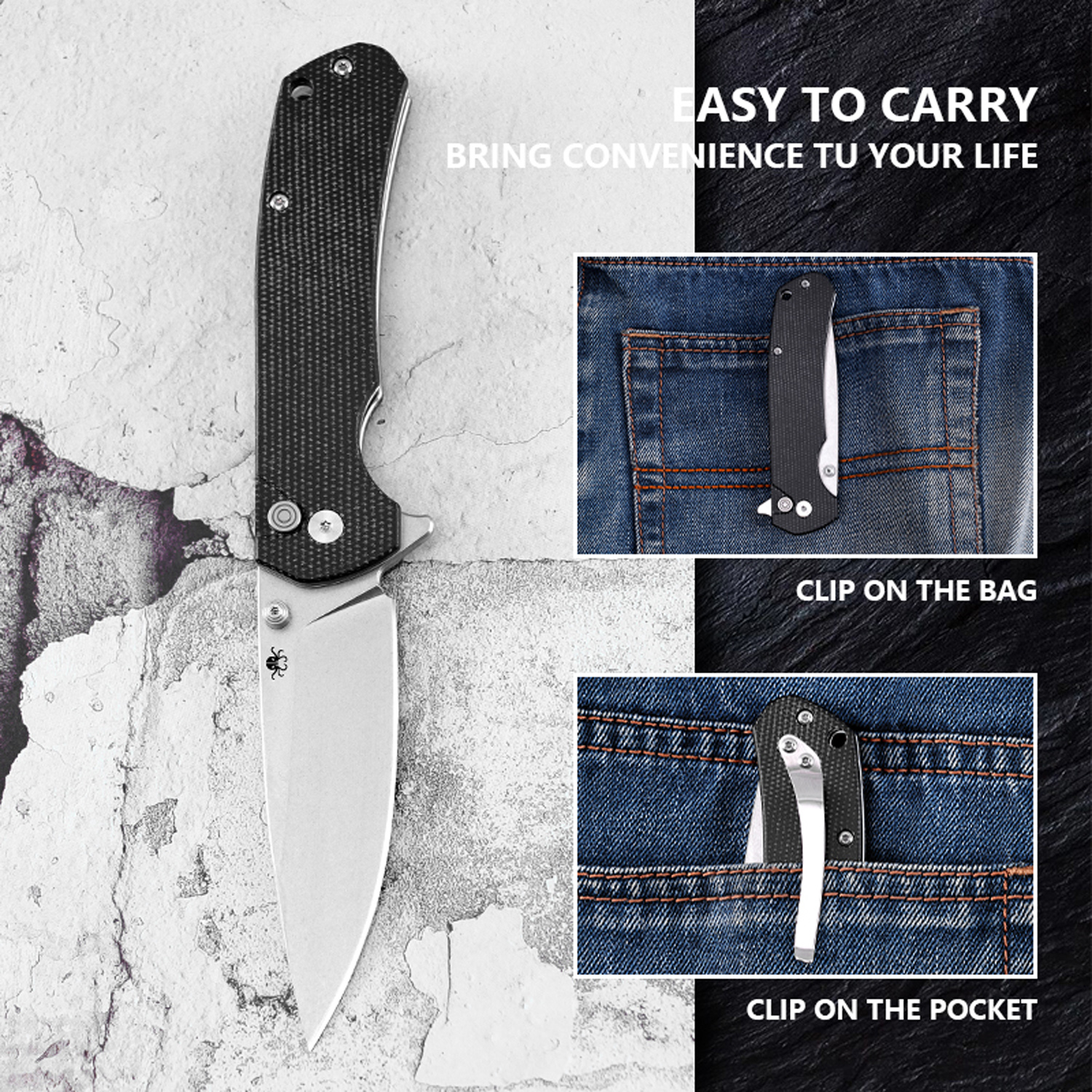 Klaken Knives - J285-BK-SW - StoneFang - Folding Knife - D2 Stonewash Drop Point - Micarta - Black - Image 6