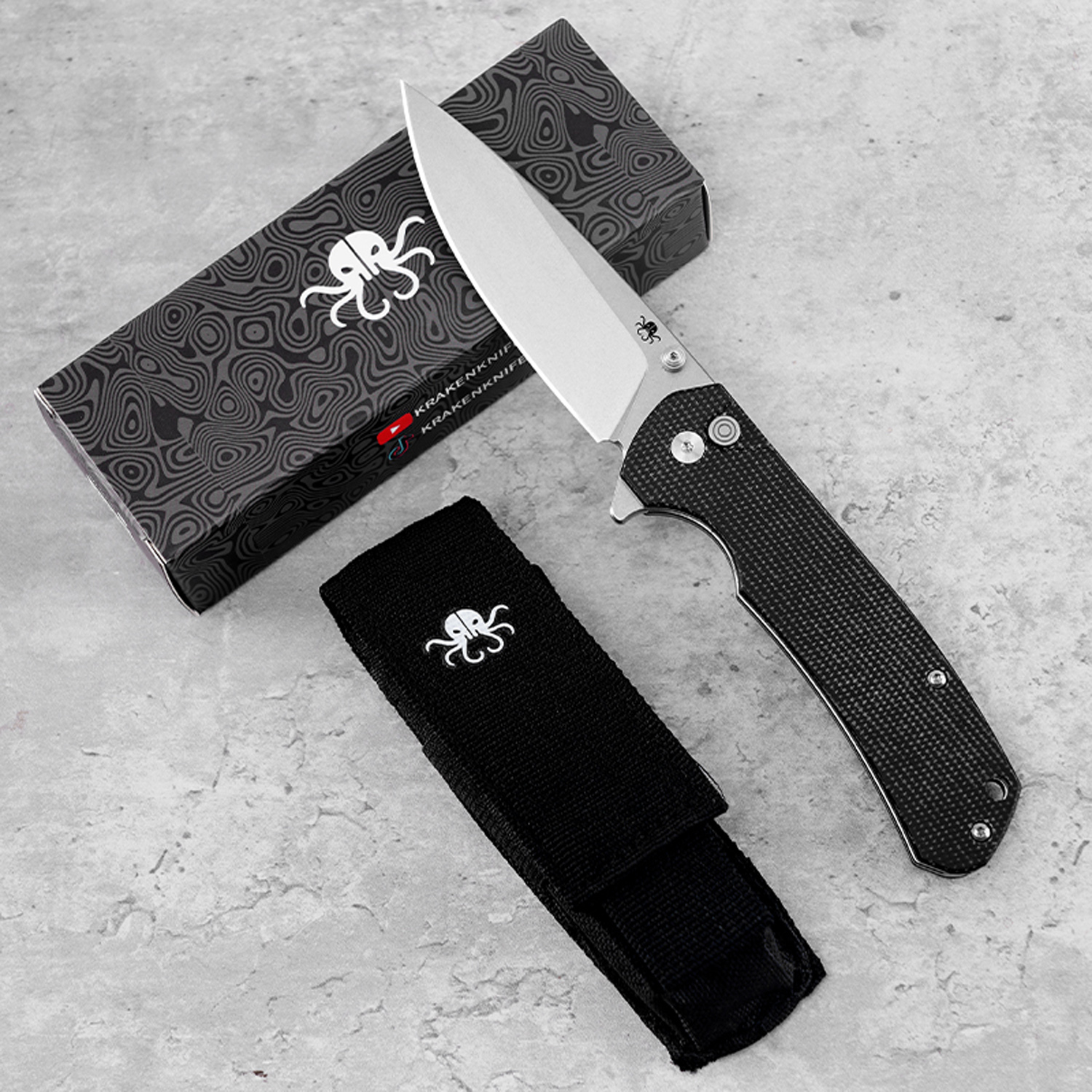 Klaken Knives - J285-BK-SW - StoneFang - Folding Knife - D2 Stonewash Drop Point - Micarta - Black - Image 5