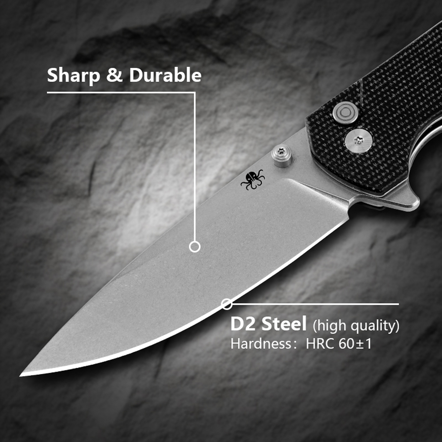 Klaken Knives - J285-BK-SW - StoneFang - Folding Knife - D2 Stonewash Drop Point - Micarta - Black - Image 4