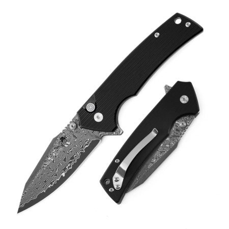 Klaken Knives – J313-BK-DAM – Riven – Folding Knife – Damascus Reverse Tanto – G10 – Black