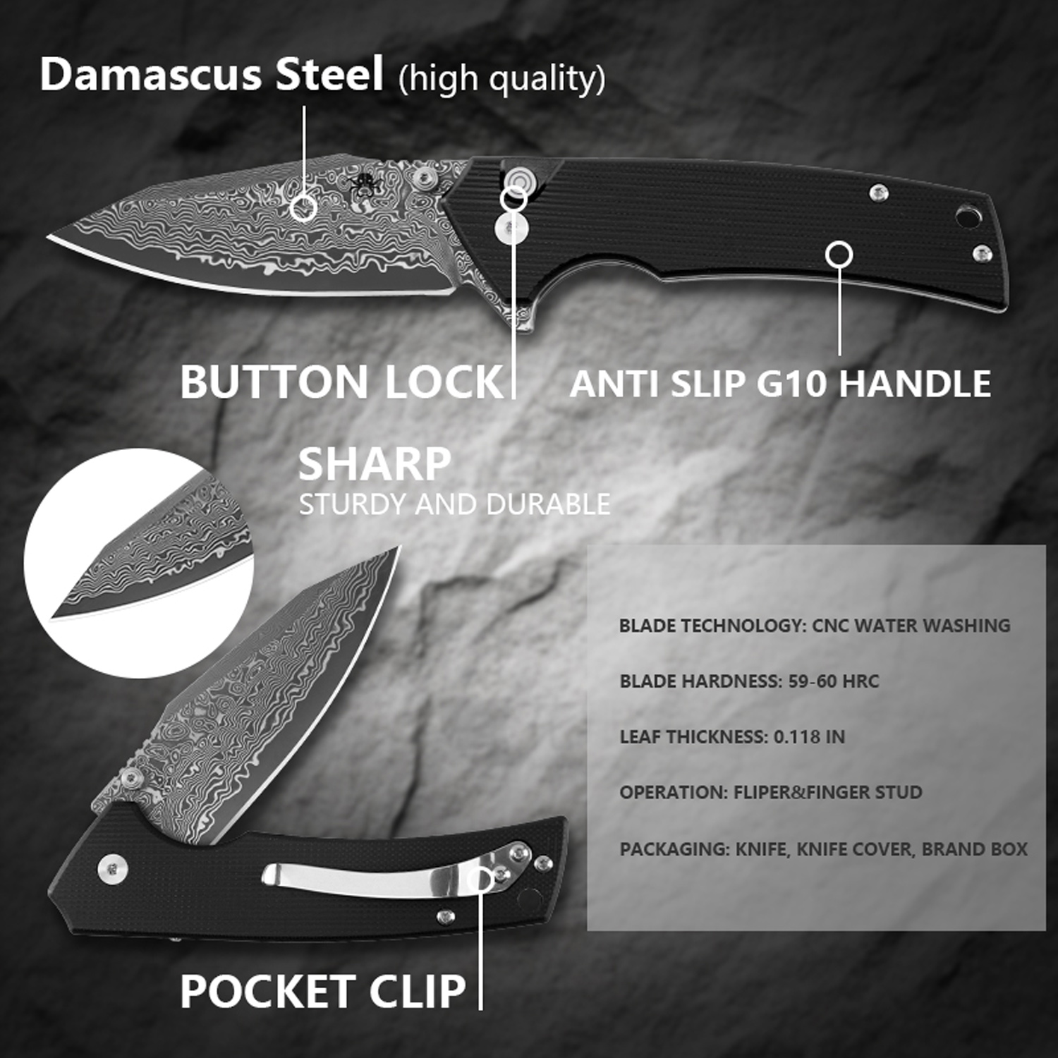 Klaken Knives - J313-BK-DAM - Riven - Folding Knife - Damascus Reverse Tanto - G10 - Black - Image 3