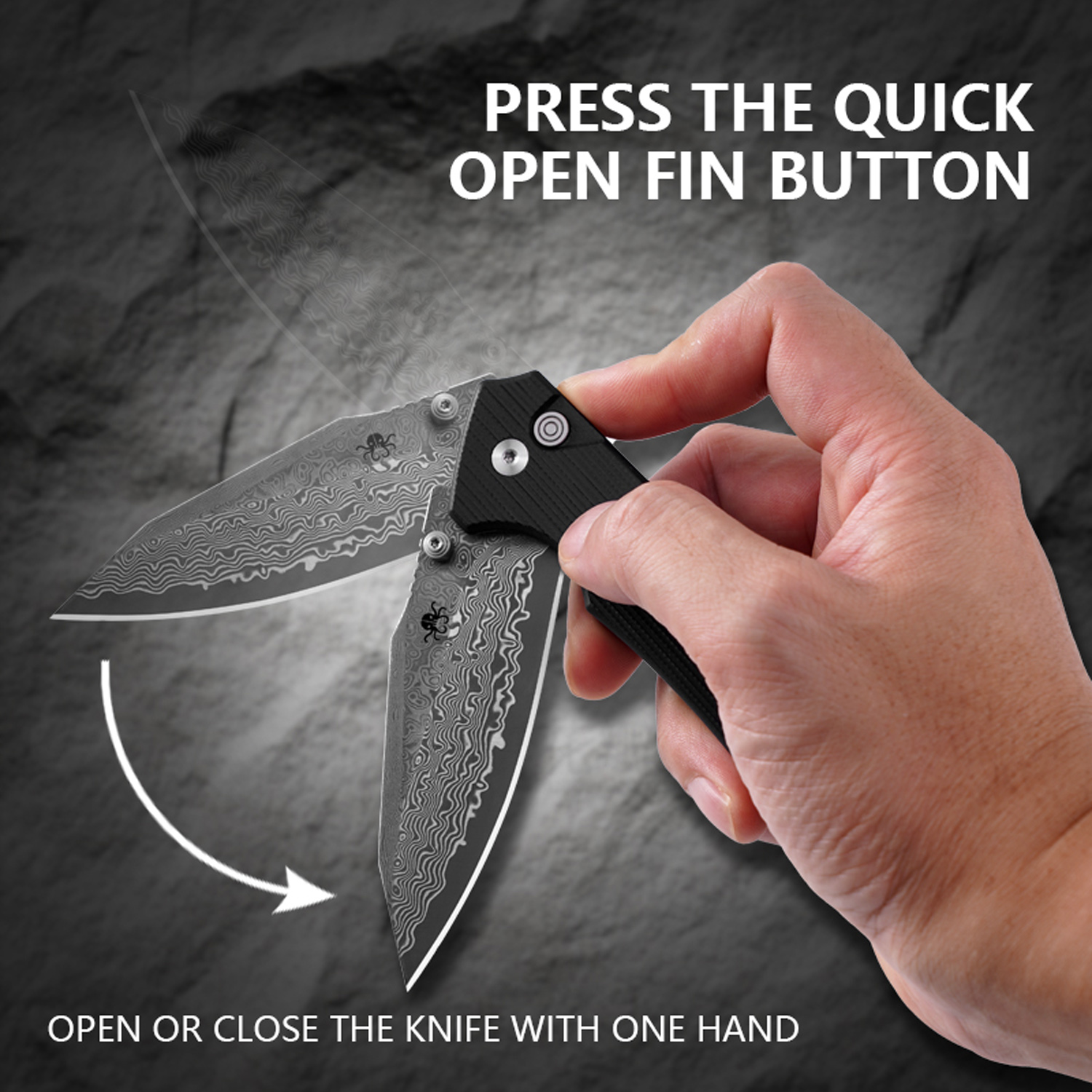 Klaken Knives - J313-BK-DAM - Riven - Folding Knife - Damascus Reverse Tanto - G10 - Black - Image 10