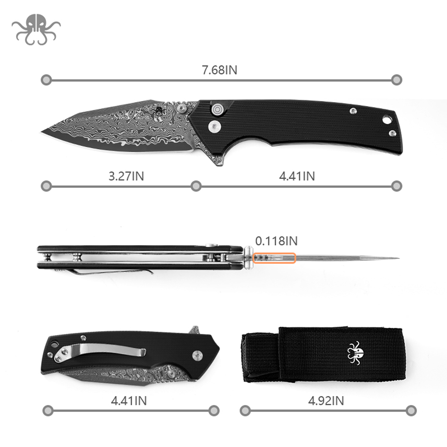 Klaken Knives - J313-BK-DAM - Riven - Folding Knife - Damascus Reverse Tanto - G10 - Black - Image 2