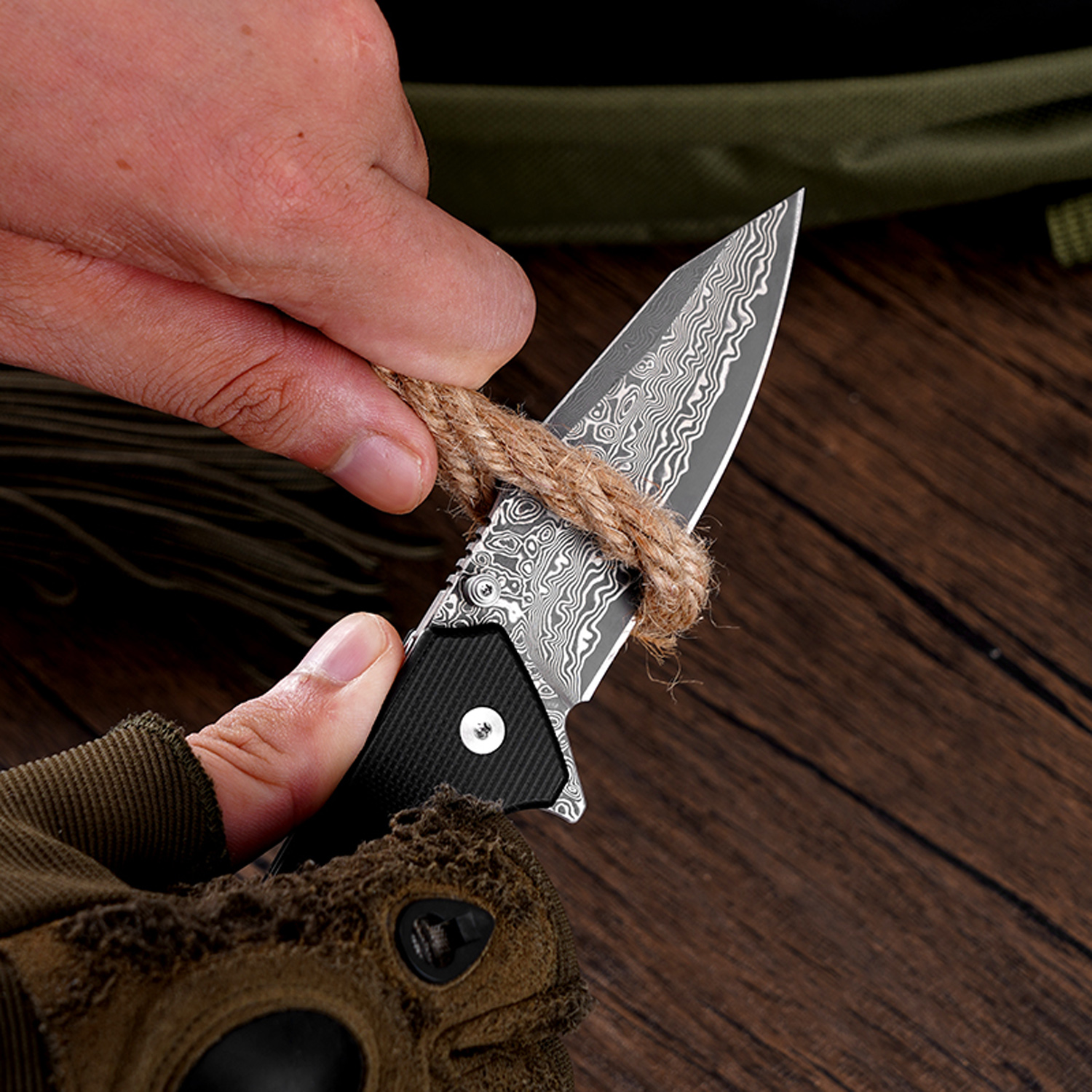 Klaken Knives - J313-BK-DAM - Riven - Folding Knife - Damascus Reverse Tanto - G10 - Black - Image 7