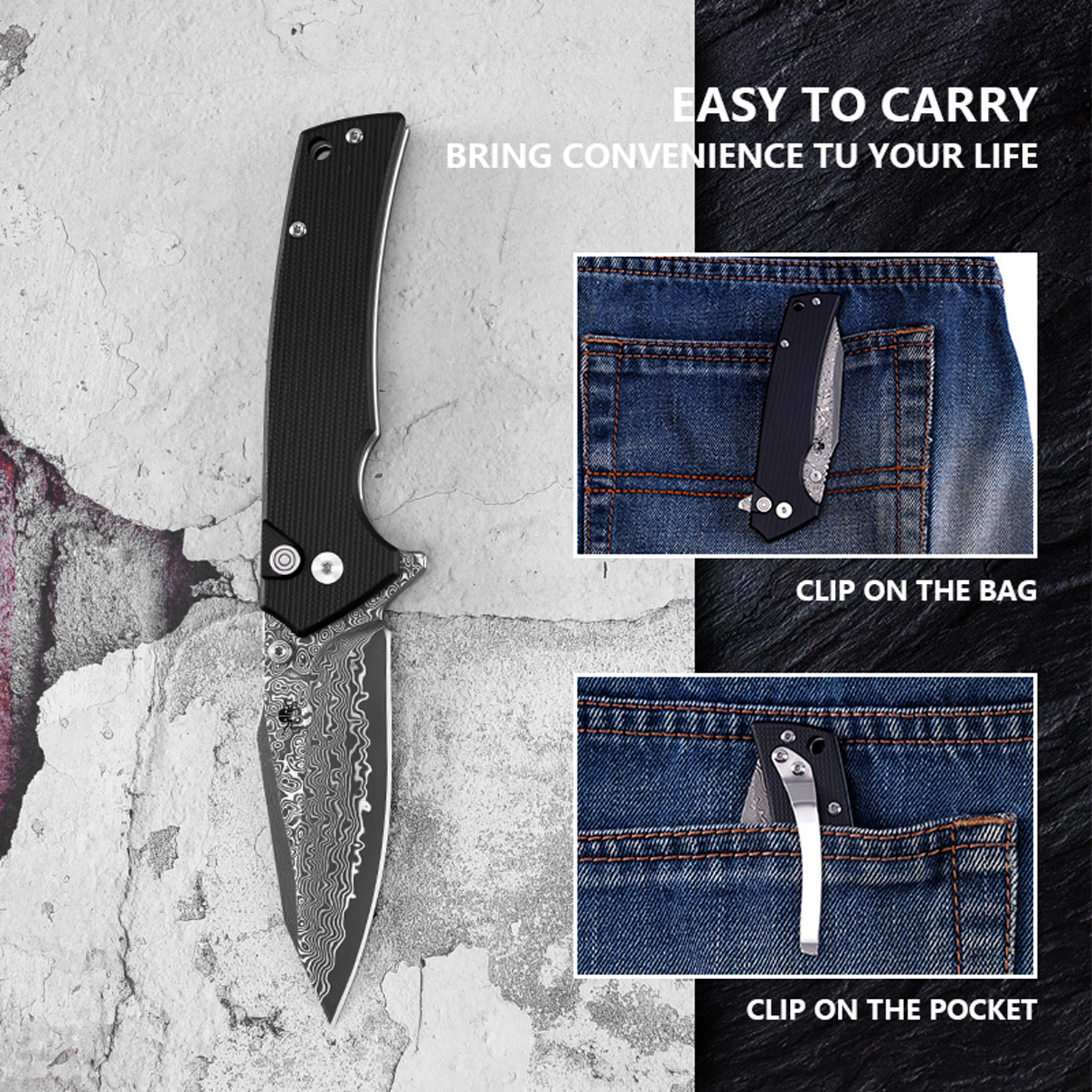 Klaken Knives - J313-BK-DAM - Riven - Folding Knife - Damascus Reverse Tanto - G10 - Black - Image 6