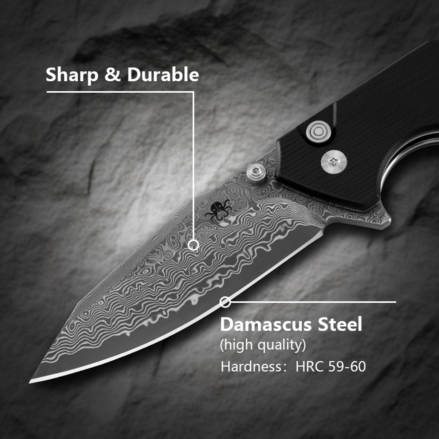 Klaken Knives - J313-BK-DAM - Riven - Folding Knife - Damascus Reverse Tanto - G10 - Black - Image 4