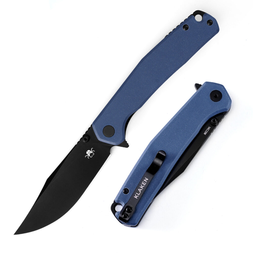 Klaken Knives – J335-BL-BK – The Lancet – Folding Knife – 14C28N Coated Clip Point – G10 – Blue