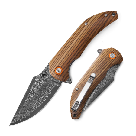 Klaken Knives – J337-ZW-DAM – Ravenor – Folding Knife – Damascus Drop Point – Zebra Wood | CF Handle – Wood