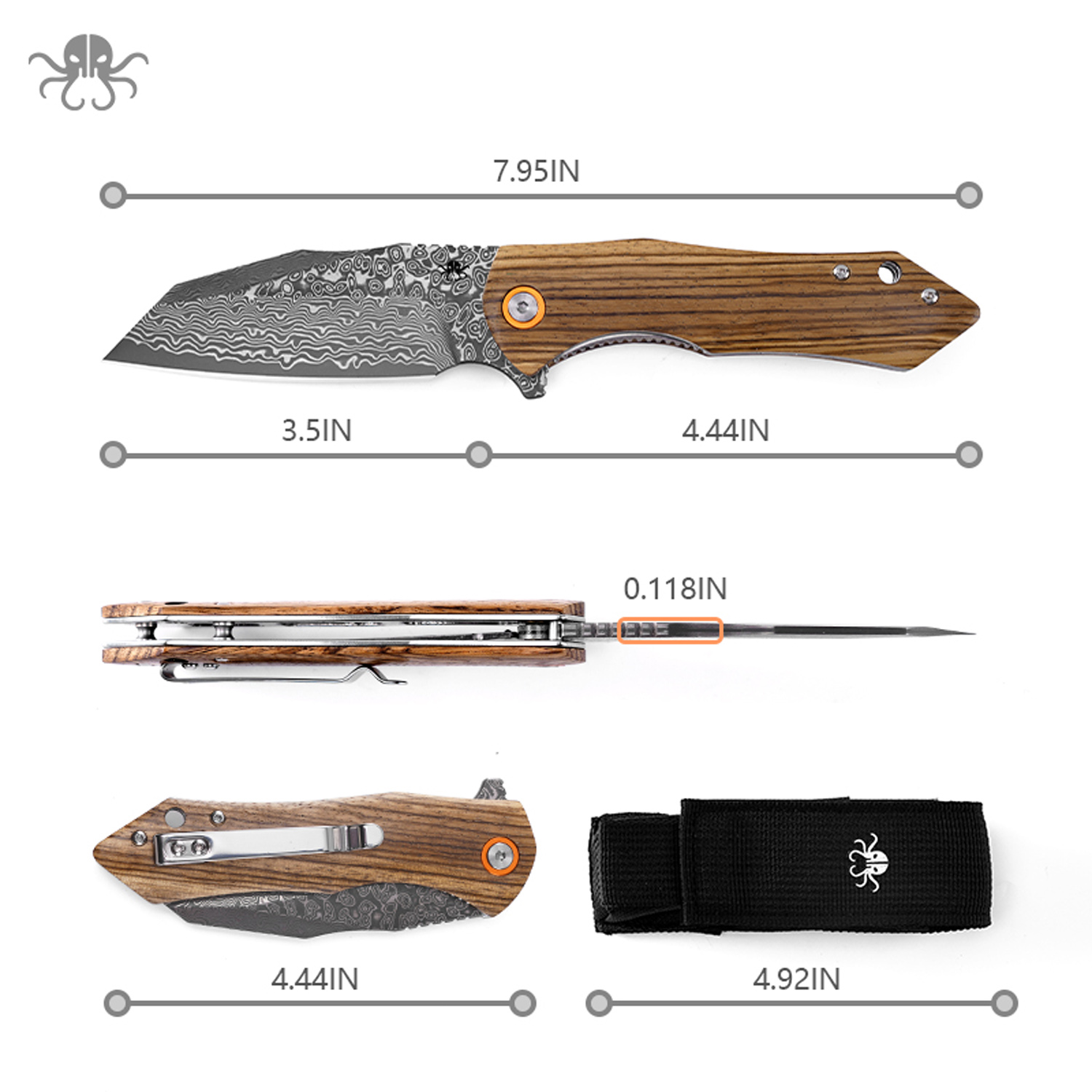Klaken Knives - J338-ZW-DAM - Askael - Folding Knife - Damascus Wharncliffe - Carbon Fiber - Wood - Image 2