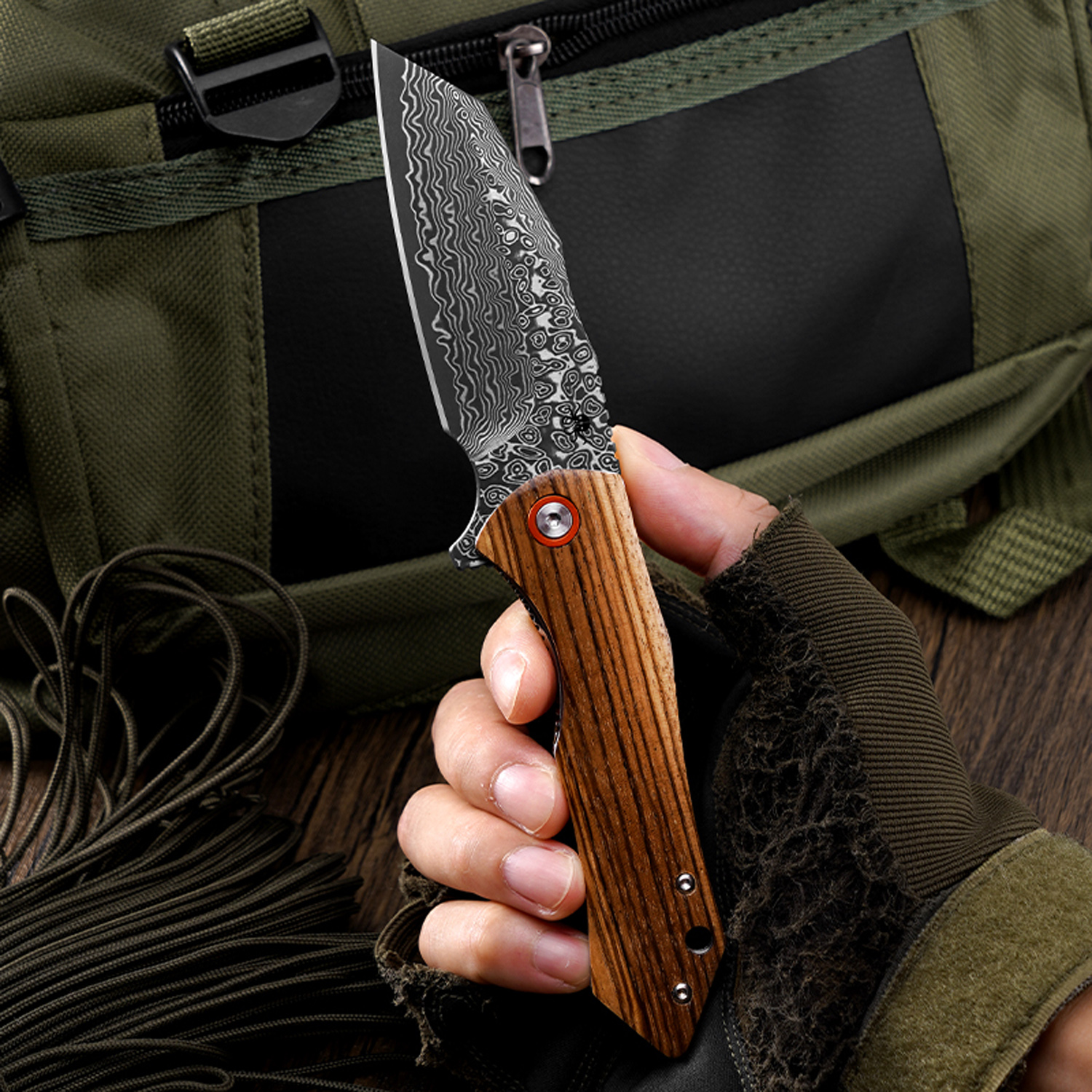 Klaken Knives - J338-ZW-DAM - Askael - Folding Knife - Damascus Wharncliffe - Carbon Fiber - Wood - Image 9