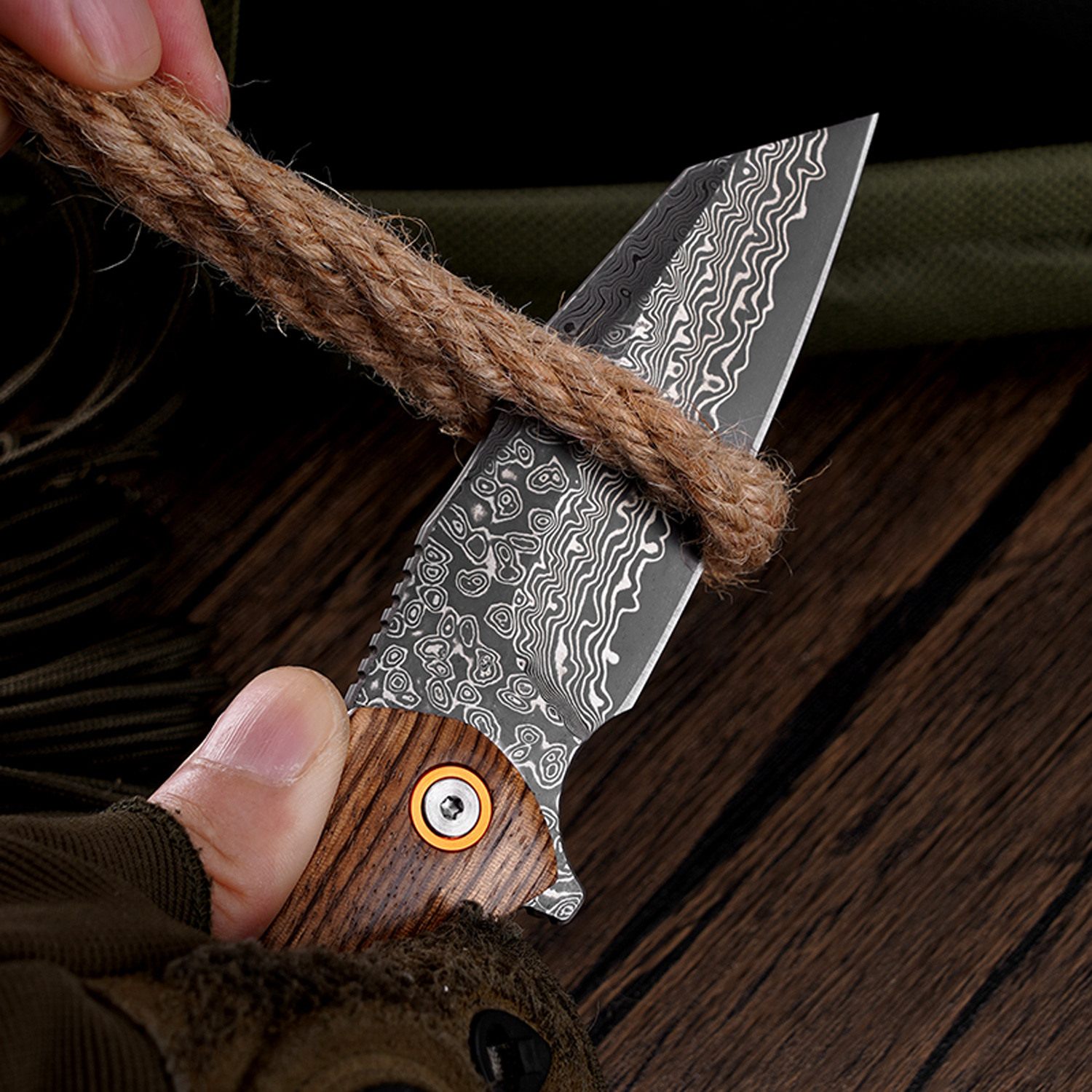 Klaken Knives - J338-ZW-DAM - Askael - Folding Knife - Damascus Wharncliffe - Carbon Fiber - Wood - Image 8