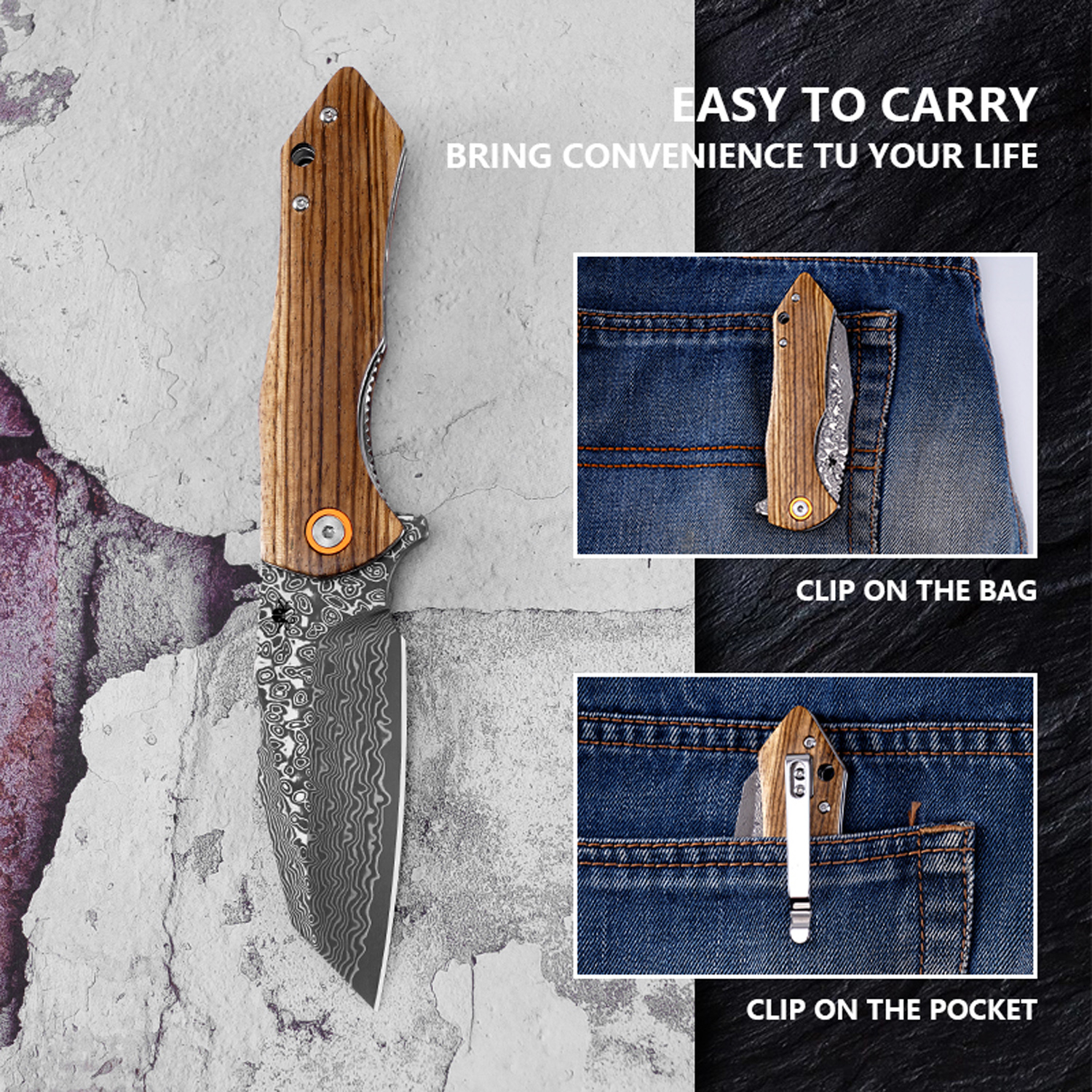 Klaken Knives - J338-ZW-DAM - Askael - Folding Knife - Damascus Wharncliffe - Carbon Fiber - Wood - Image 7