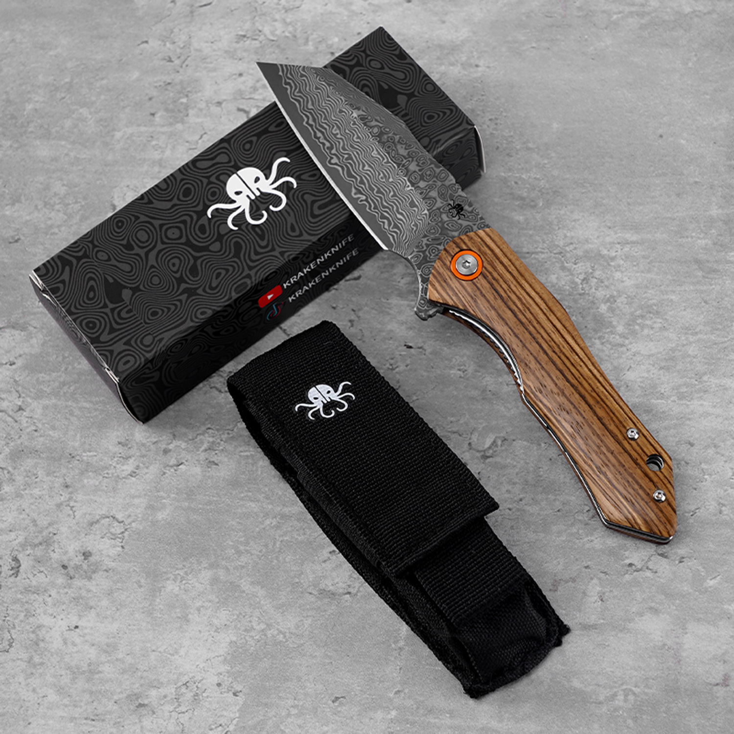 Klaken Knives - J338-ZW-DAM - Askael - Folding Knife - Damascus Wharncliffe - Carbon Fiber - Wood - Image 6